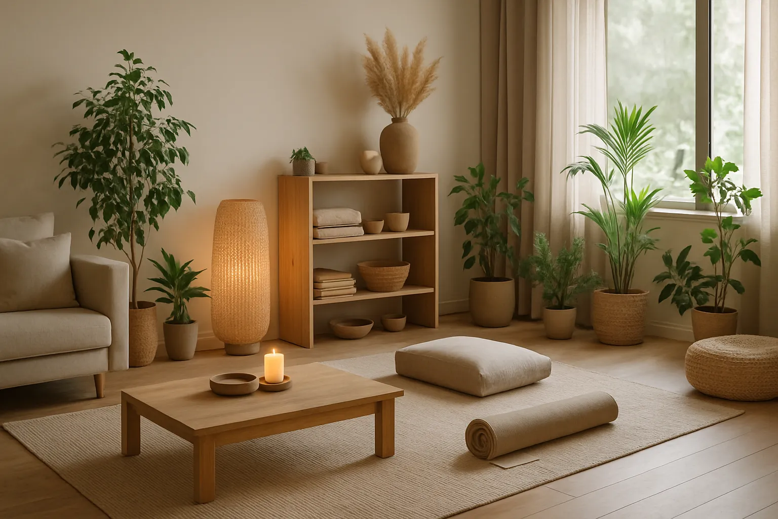 Ambiente doméstico tranquilo com elementos que promovem relaxamento: plantas, luz natural, espaço organizado para práticas de bem-estar e controle do estresse