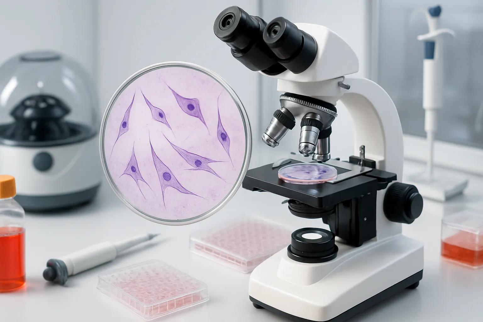 Microscópio científico com células mesenquimais em laboratório de medicina regenerativa, equipamentos médicos especializados