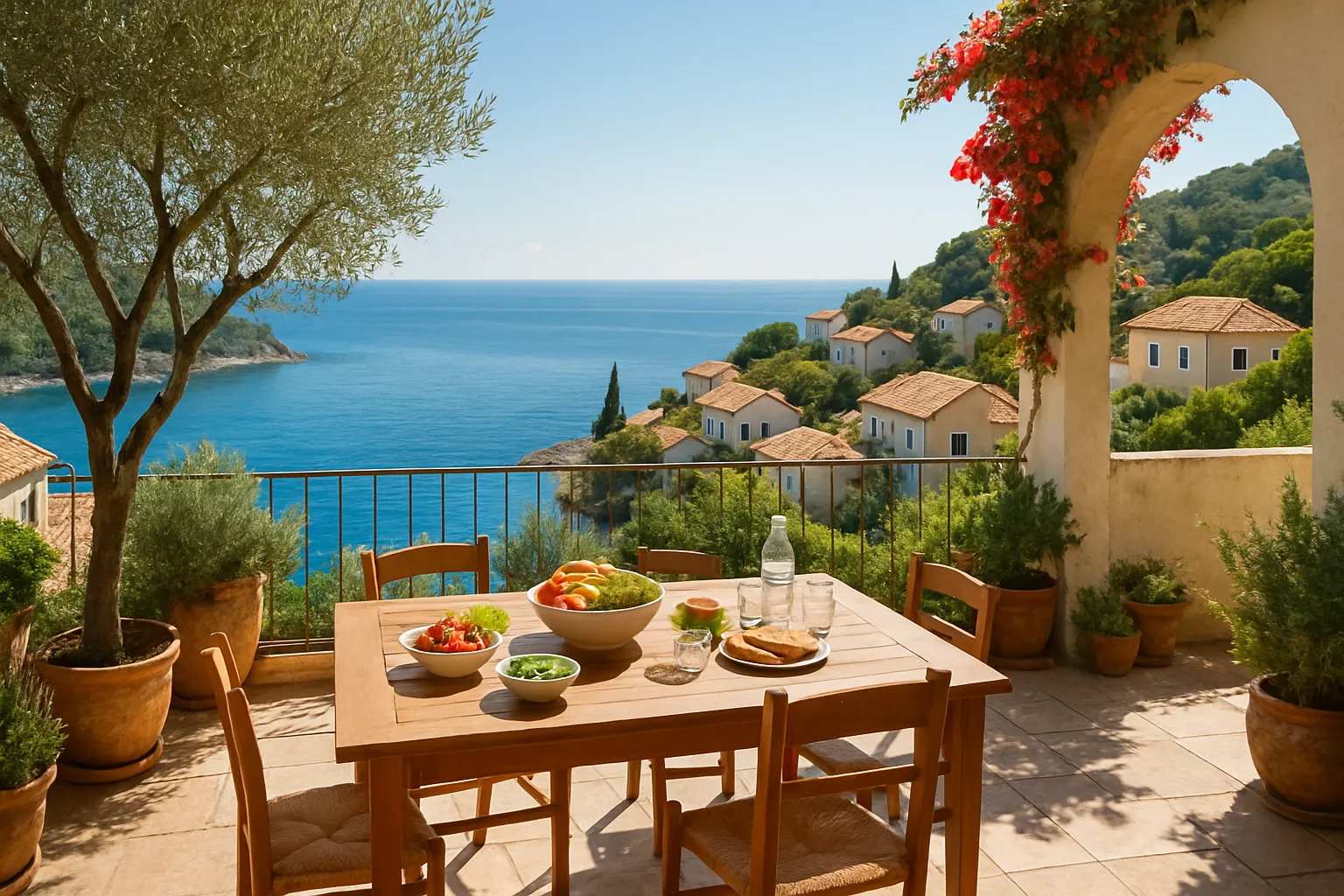 Cenário de Vida Mediterrâneo Saudável Terraço mediterrâneo com vista para o mar, representando o ambiente e estilo de vida saudável característico da região mediterrânea