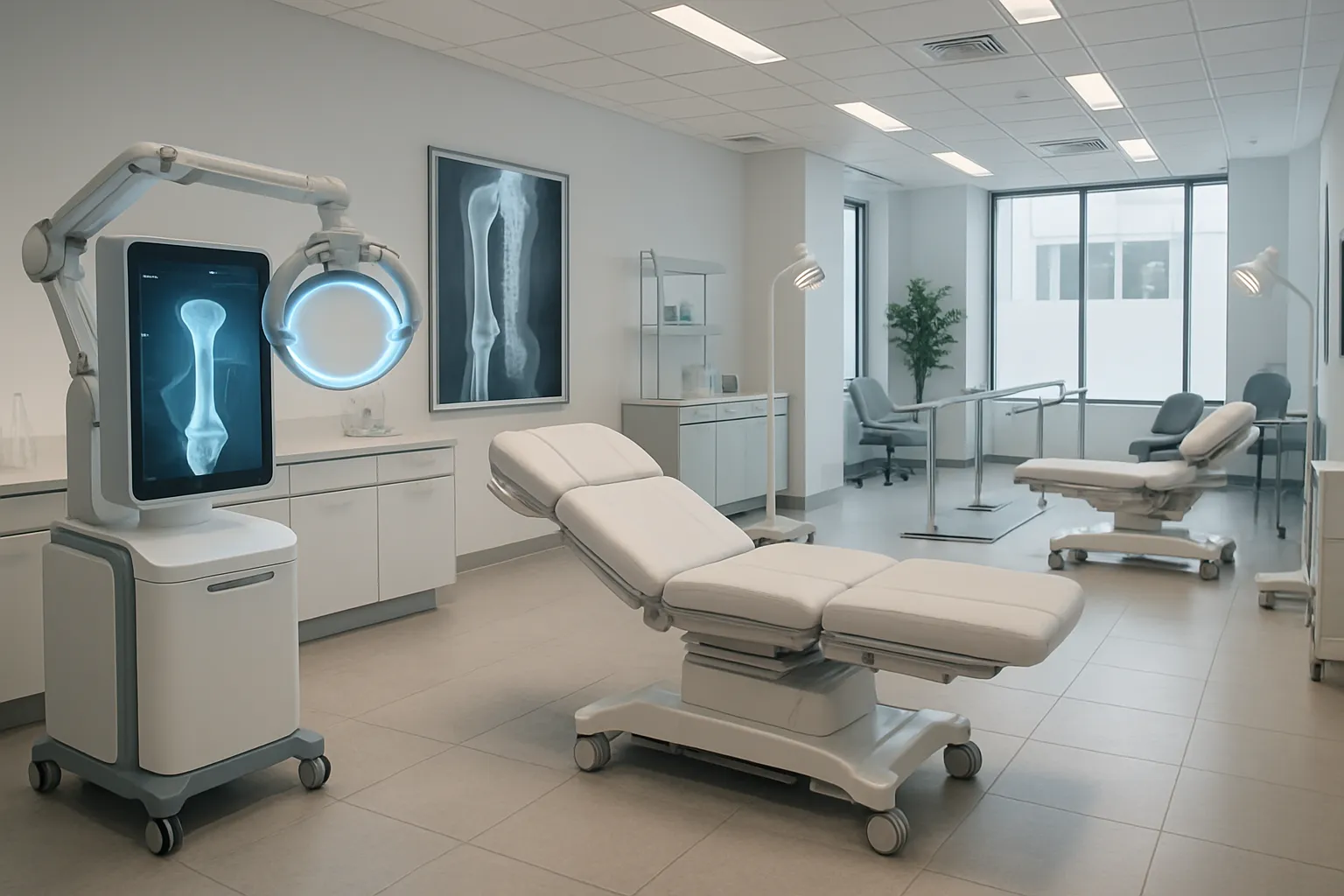 Interior moderno de centro médico especializado em ortopedia regenerativa com equipamentos avançados e ambiente acolhedor