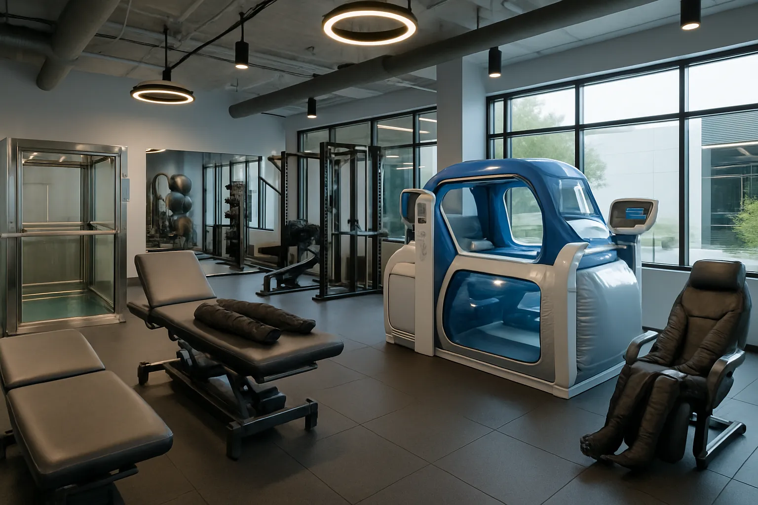 Ambiente moderno de centro de medicina esportiva com equipamentos de última geração para recuperação e prevenção de lesões