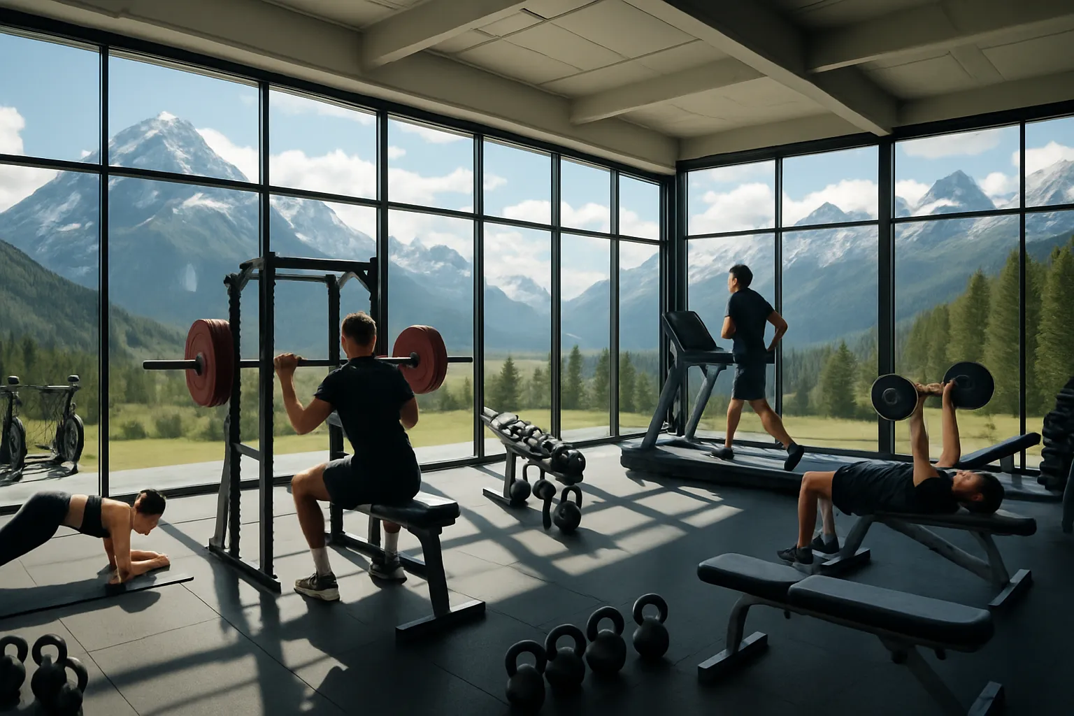 Centro de Treinamento em Altitude – Ambiente de Alta Performance Moderno centro de treinamento em altitude com vista para montanhas, ambiente profissional para desenvolvimento de resistência física e performance atlética