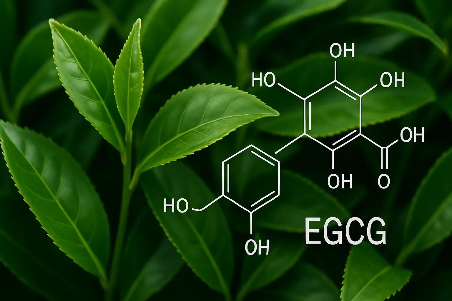 Chá Verde Premium – Folhas e Compostos Ativos Folhas de chá verde premium com destaque para os compostos bioativos EGCG e catequinas responsáveis pelo efeito termogênico