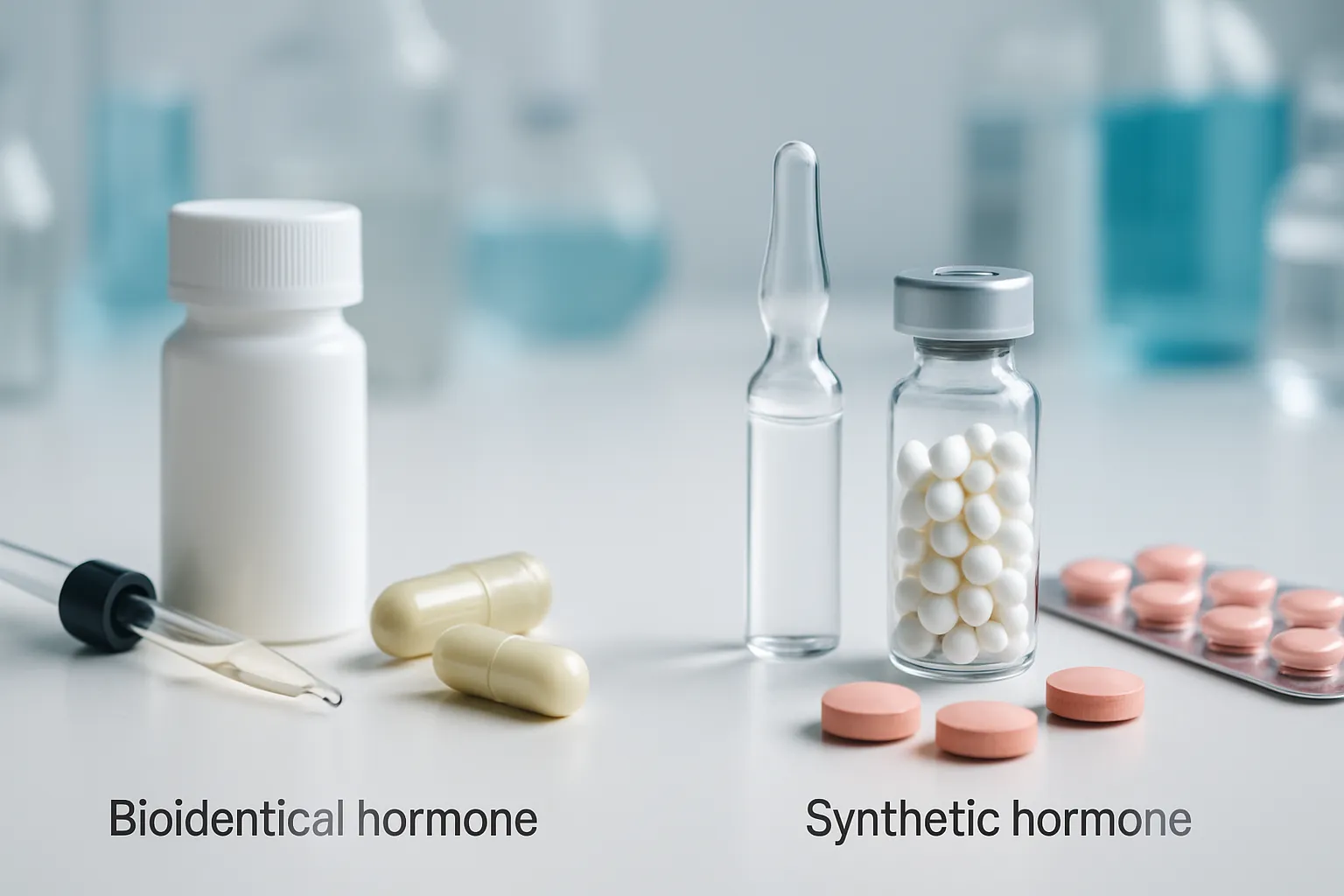 Comparação Visual Entre Biohormônios e Hormônios Sintéticos Comparação visual entre diferentes tipos de hormônios para reposição hormonal, mostrando biohormônios e sintéticos em apresentação científica e profissional