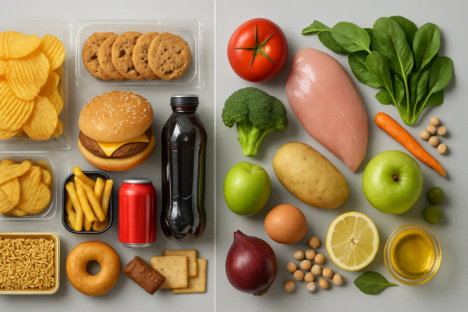 Comparação visual entre alimentos ultraprocessados industrializados e ingredientes naturais frescos, mostrando a diferença entre produtos químicos e comida real