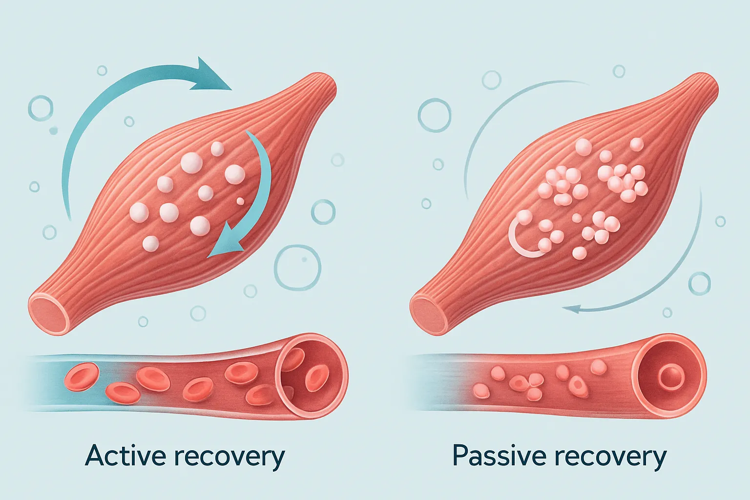 Conceitos Científicos de Recuperação Muscular Representação visual dos processos de recuperação ativa e passiva com elementos científicos e médicos