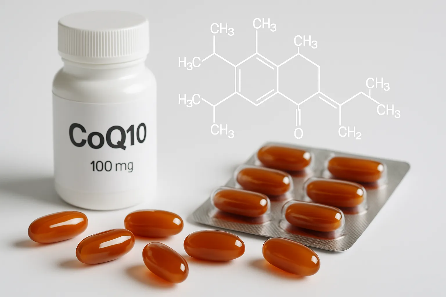Coenzima Q10: Estrutura Molecular e Suplementação Cápsulas de coenzima Q10 e representação molecular científica da ubiquinona