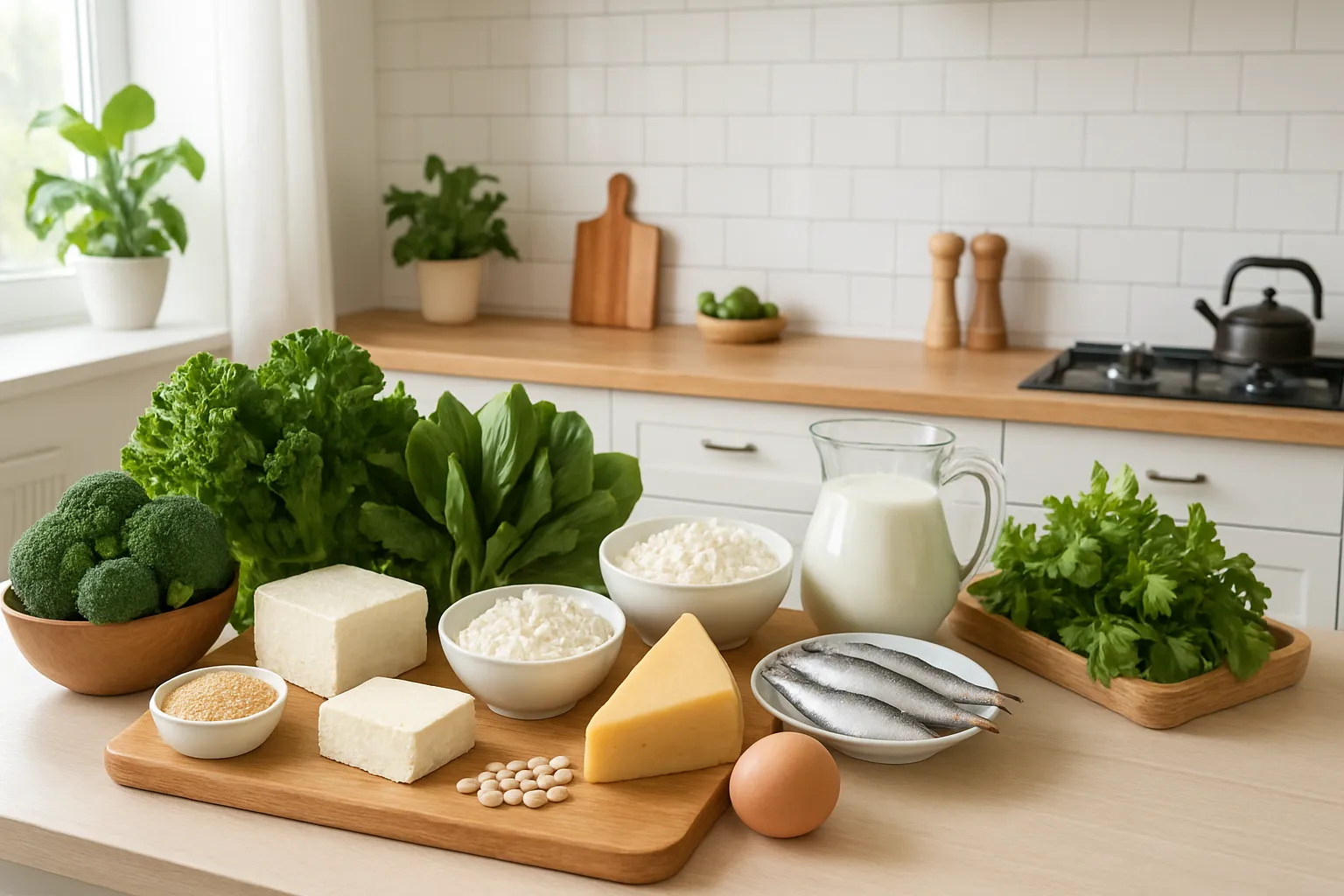 Cozinha Saudável com Alimentos Ricos em Cálcio Cozinha moderna com alimentos naturais ricos em cálcio como folhas verdes, laticínios, sardinha e sementes organizados para preparo de refeições nutritivas