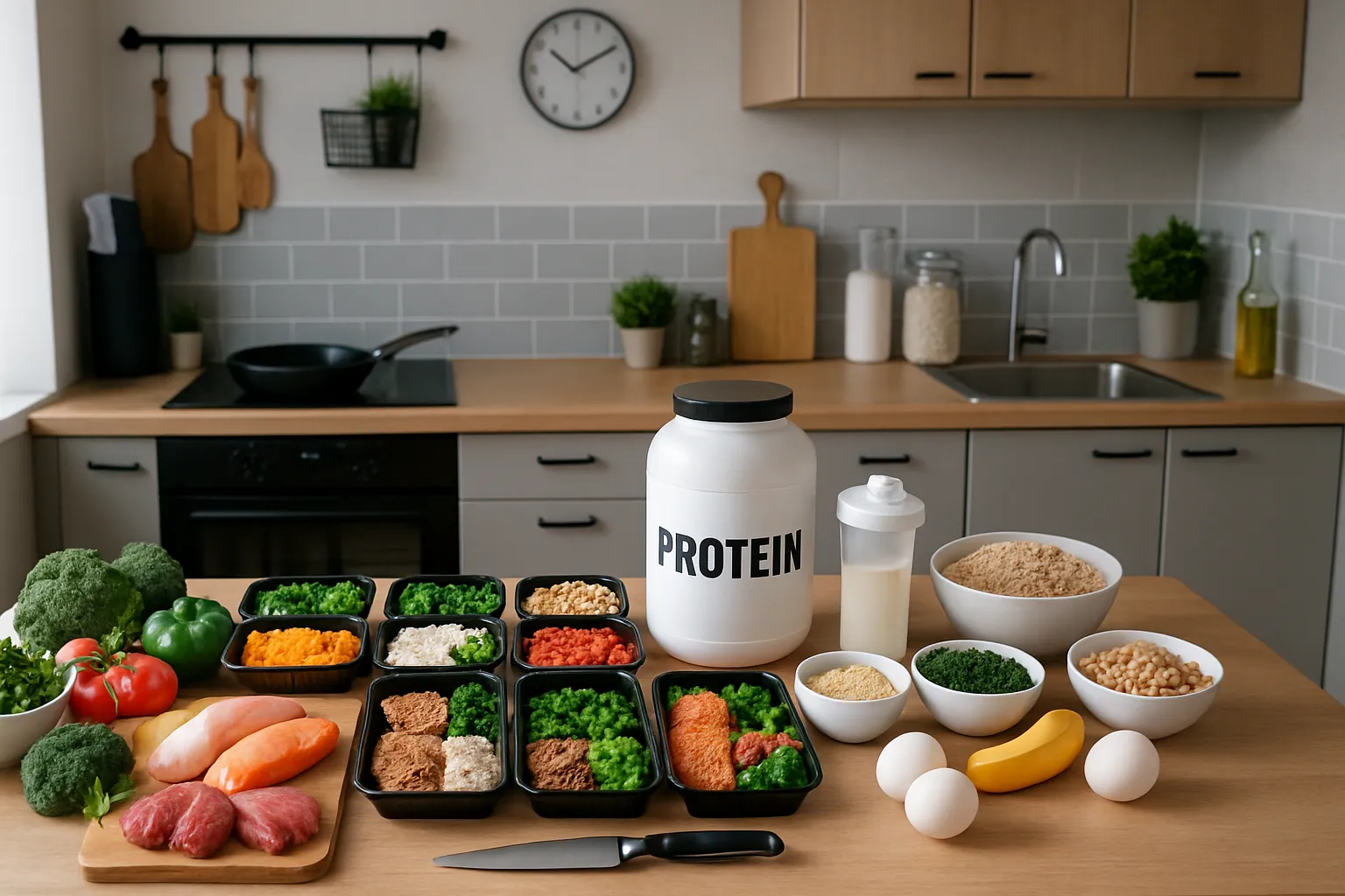 Cozinha de Atleta: Ambiente Preparado Para Nutrição de Alta Performance Cozinha moderna organizada com ingredientes frescos, meal prep e ambiente otimizado para preparação de refeições pré e pós-treino