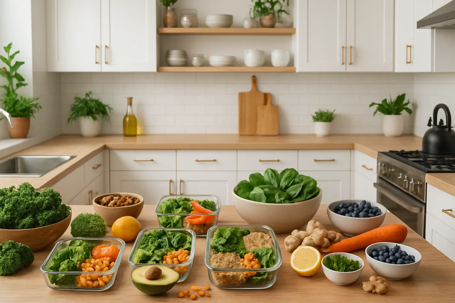 Cozinha Funcional para Vida Anti-Inflamatória Cozinha moderna organizada com ingredientes frescos, meal prep saudável e ambiente inspirador para alimentação funcional