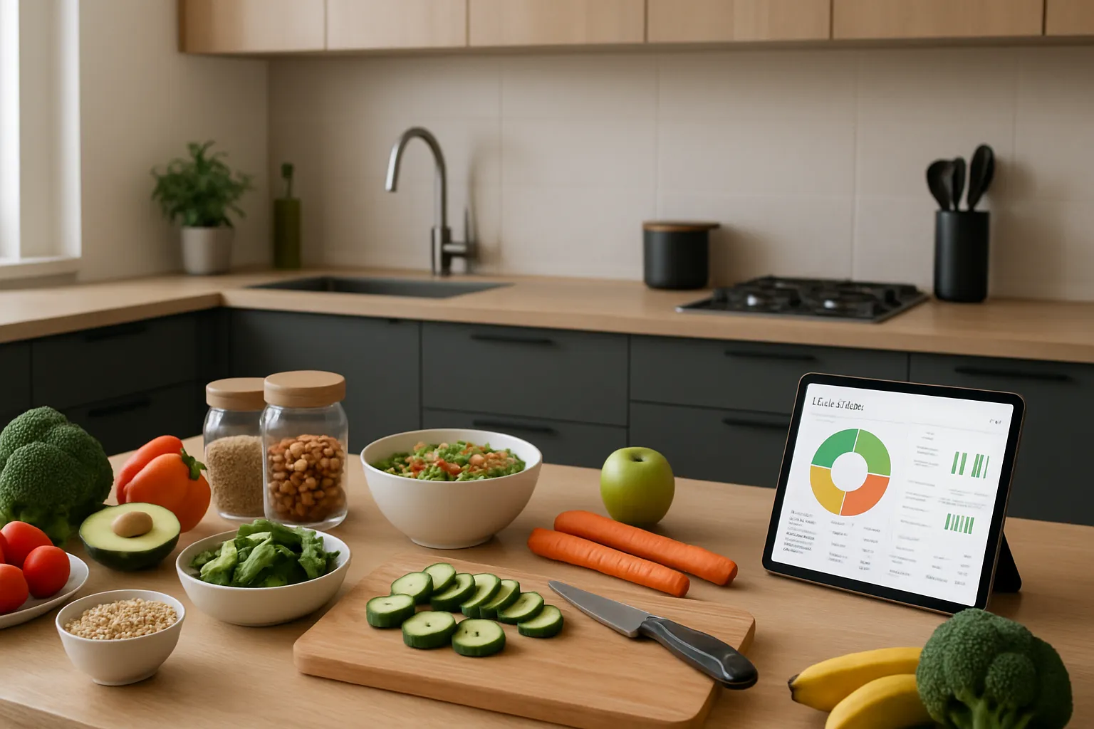 Cozinha moderna preparada para estilo de vida saudável com tecnologia Cozinha contemporânea organizada com ingredientes frescos, tablet com app nutricional e ambiente preparado para refeições saudáveis personalizadas