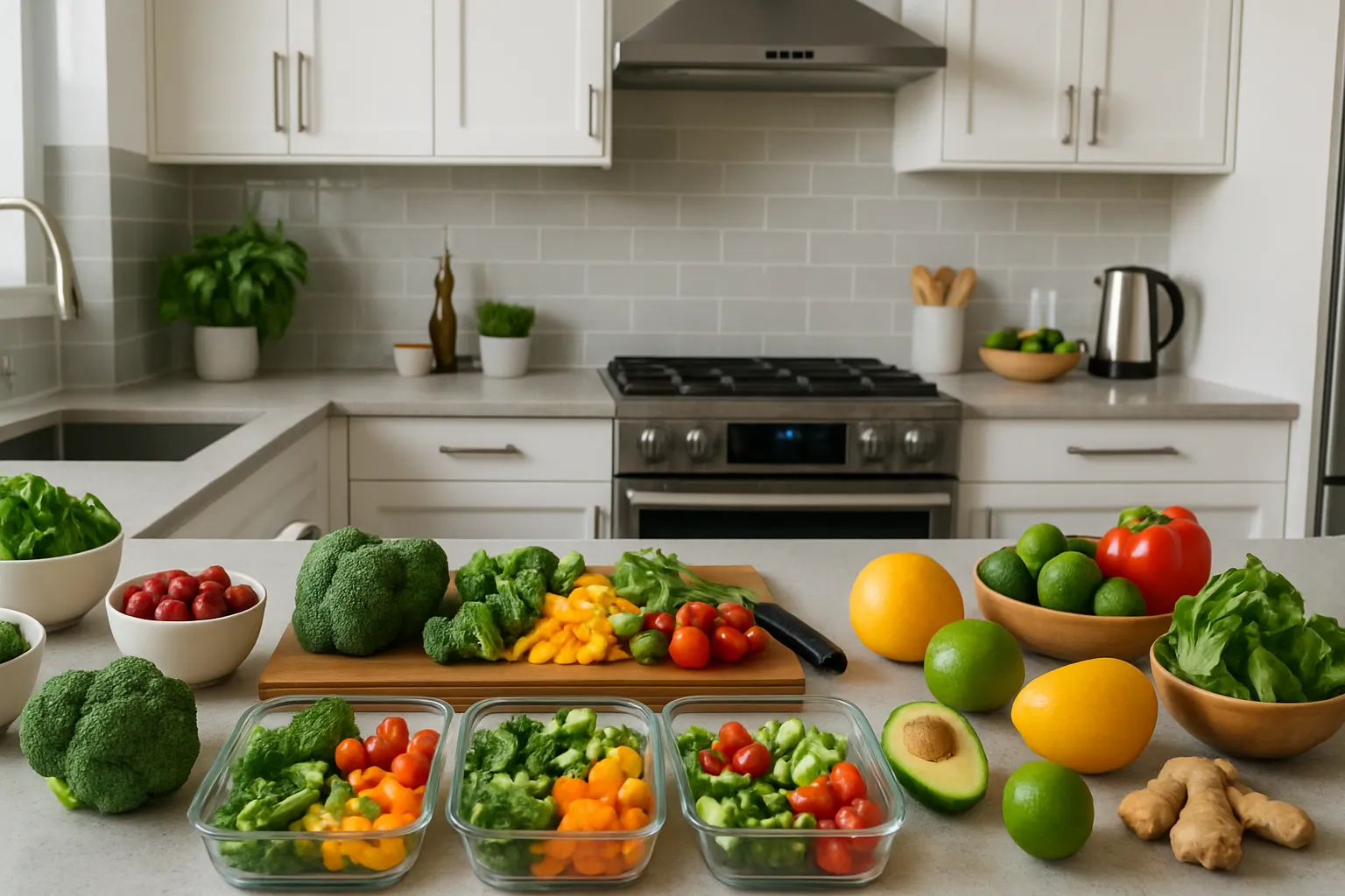 Cozinha Organizada Para Vida Antiinflamatória Cozinha moderna e organizada com ingredientes frescos, meal prep saudável e ambiente inspirador para alimentação antiinflamatória