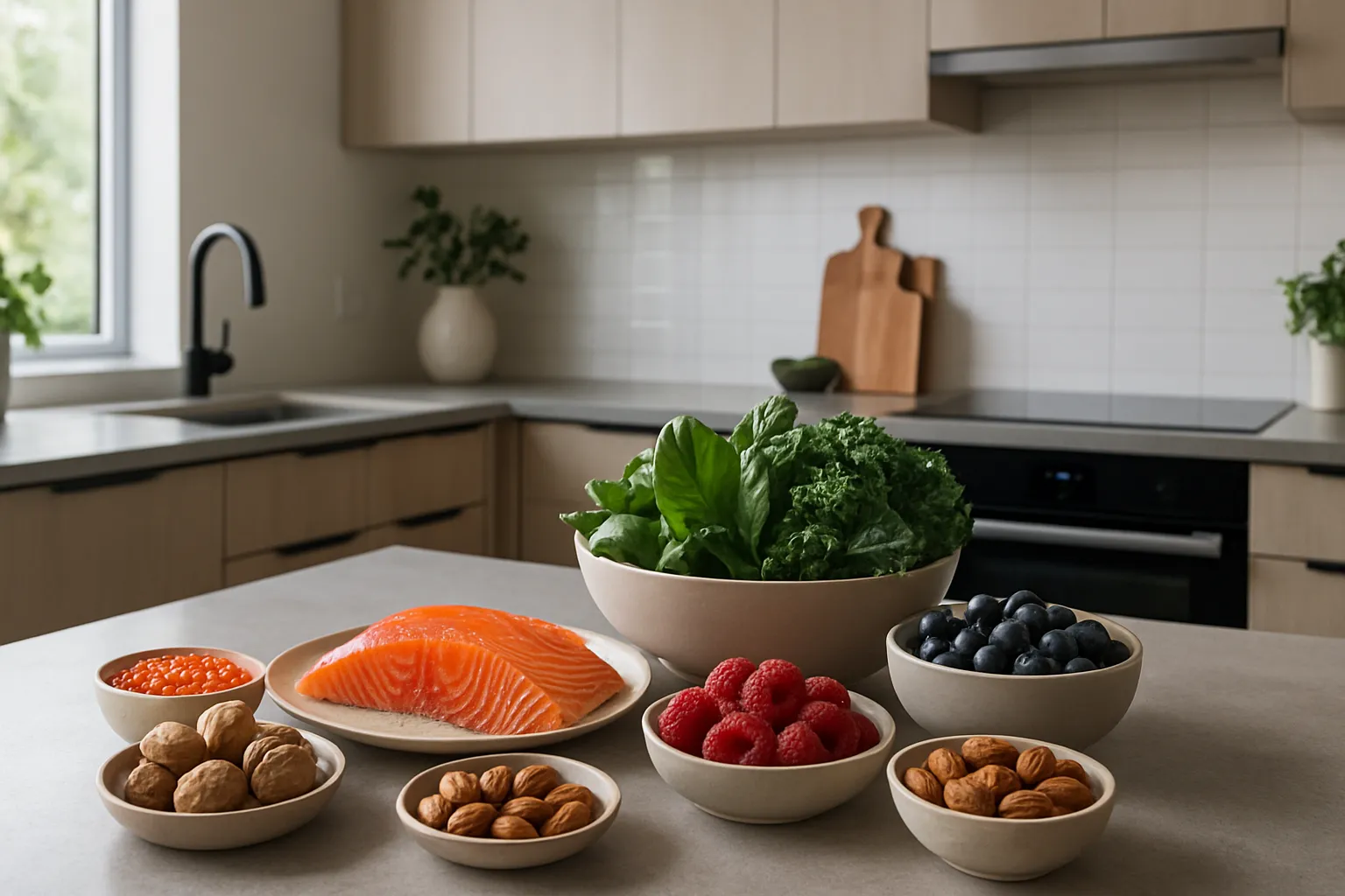 Cozinha moderna organizada com alimentos ricos em nutrientes para cabelo como salmão, ovos, nozes, frutas vermelhas e vegetais verdes, representando um estilo de vida focado na saúde capilar
