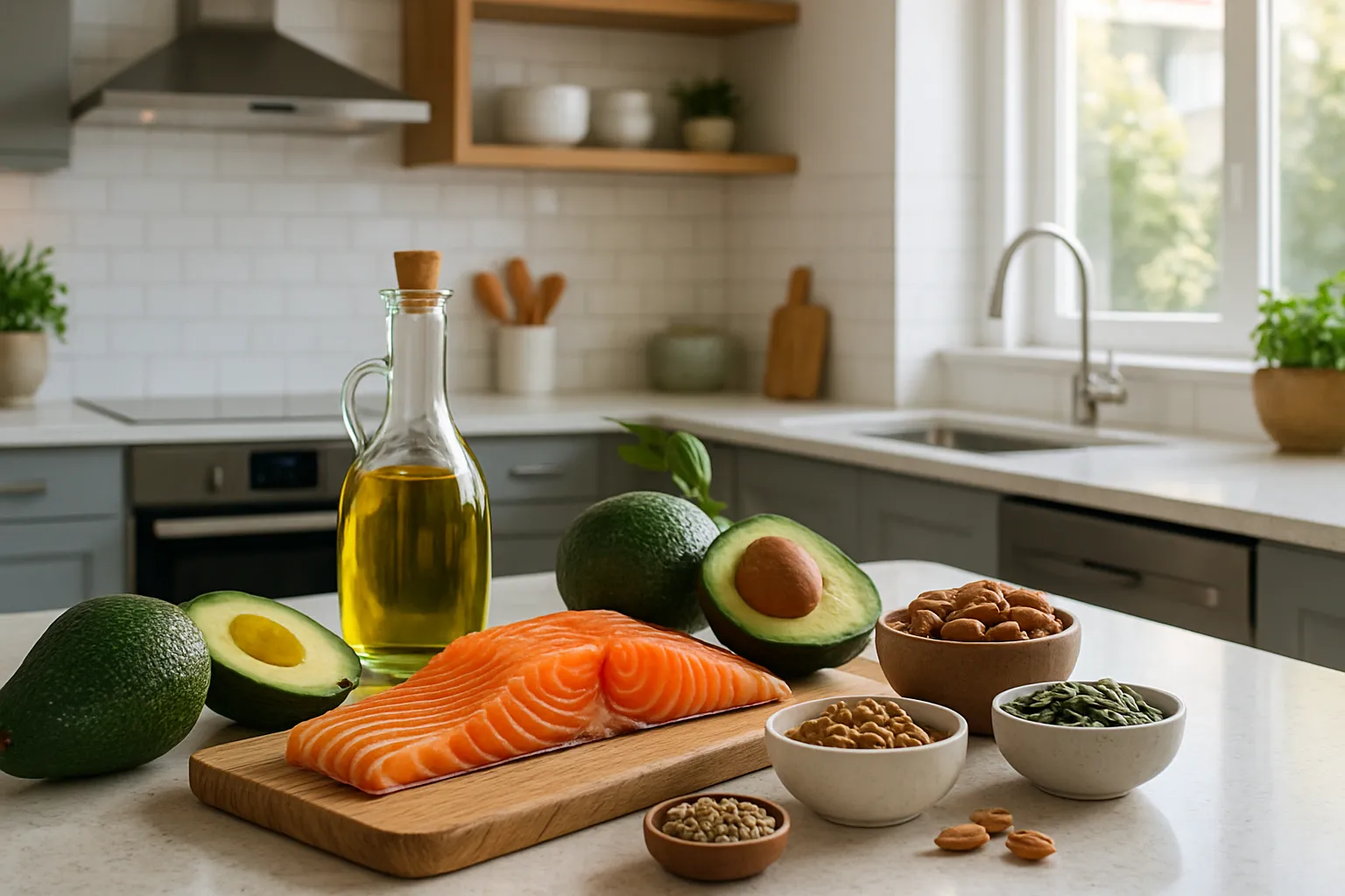 Cozinha Saudável com Gorduras Boas Cozinha moderna organizada com ingredientes ricos em gorduras saudáveis preparados para refeições nutritivas
