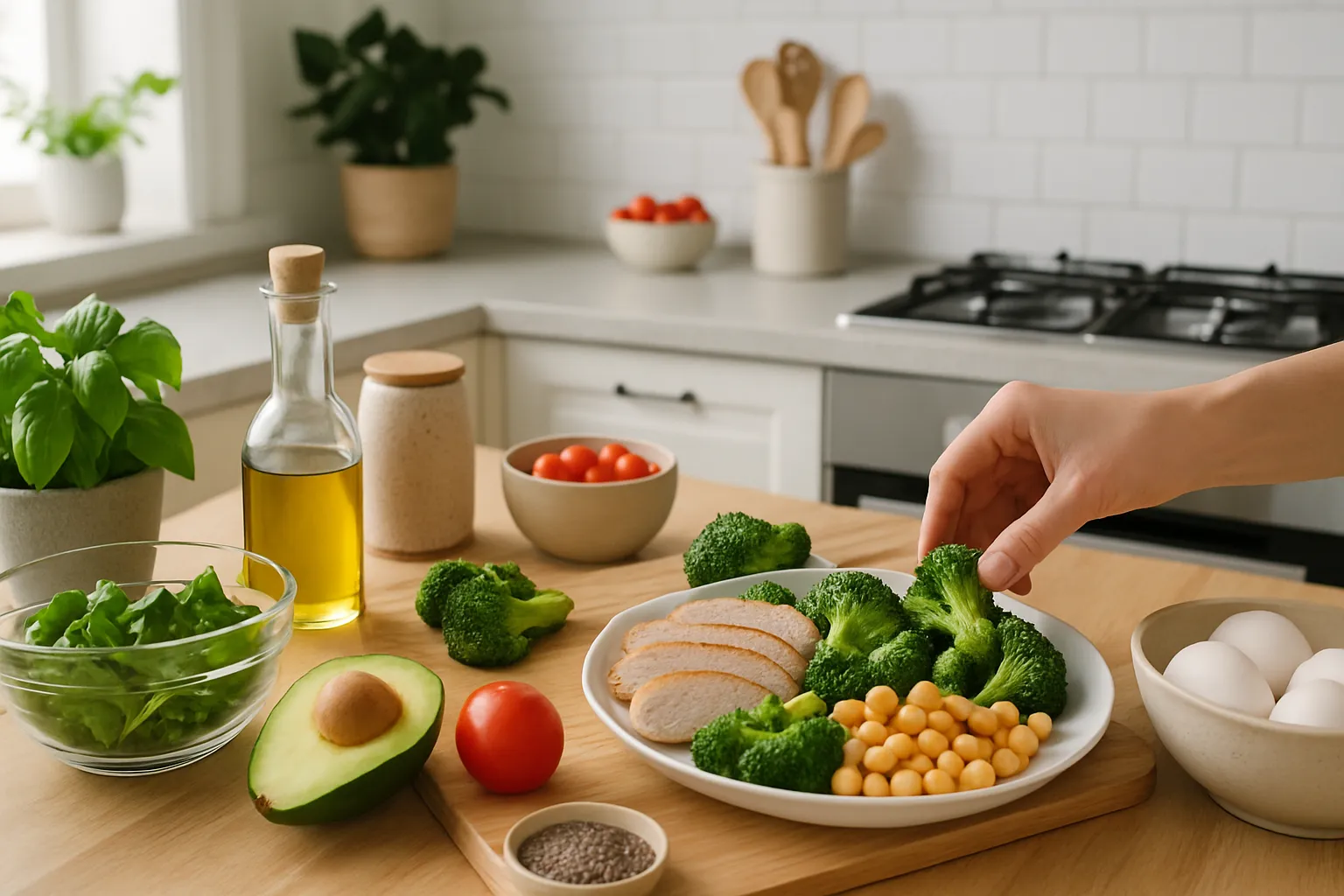 Cozinha Saudável e Estilo de Vida Proteico Cozinha moderna preparada para refeições ricas em proteína, representando estilo de vida saudável