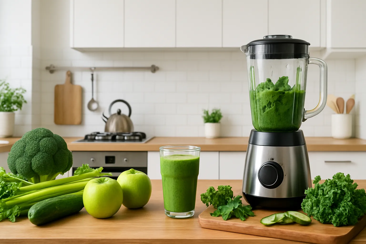 Cozinha Saudável Preparando Smoothie Detox Cozinha moderna com smoothie verde sendo preparado, ambiente clean e saudável para dieta detox