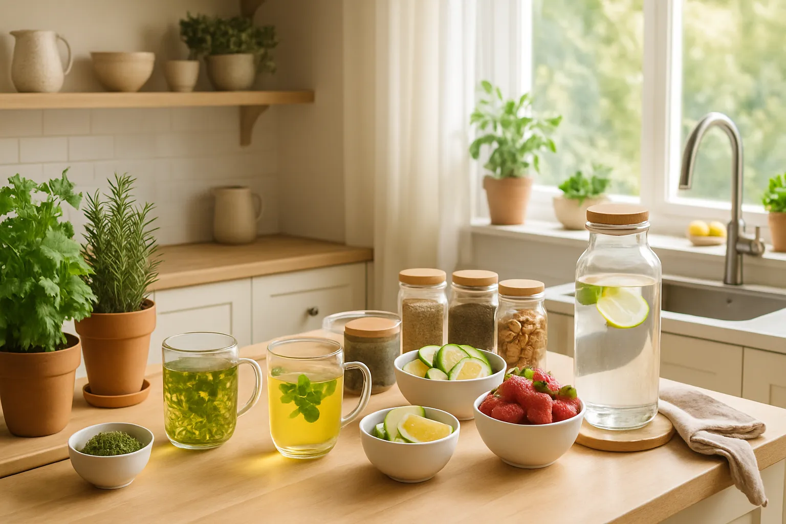 Cozinha moderna organizada com ingredientes frescos, chás diuréticos e ambiente preparado para estilo de vida anti-retenção