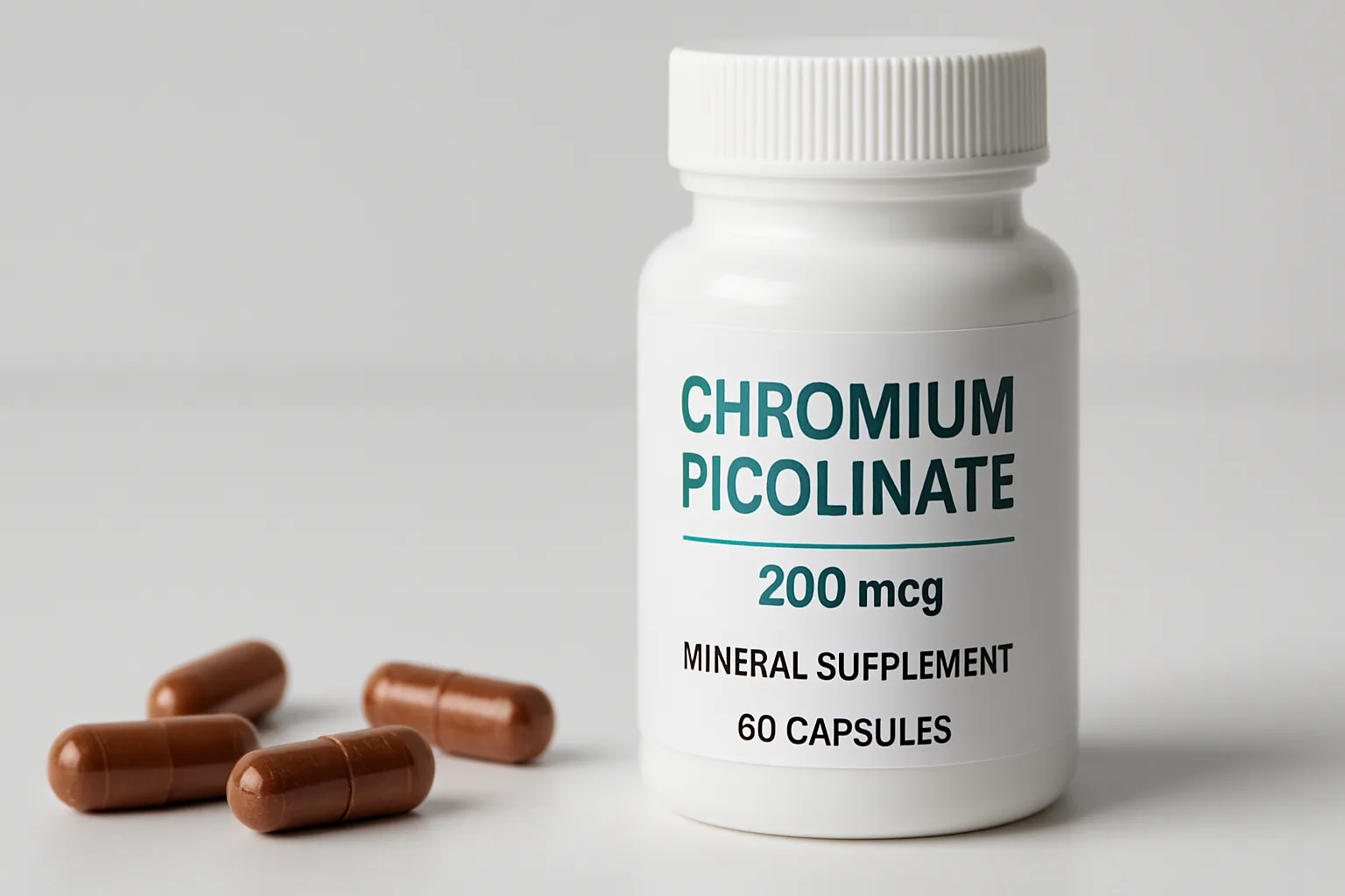 Frasco de suplemento de cromo picolinato, mineral essencial para controle de açúcar no sangue e sensibilidade à insulina