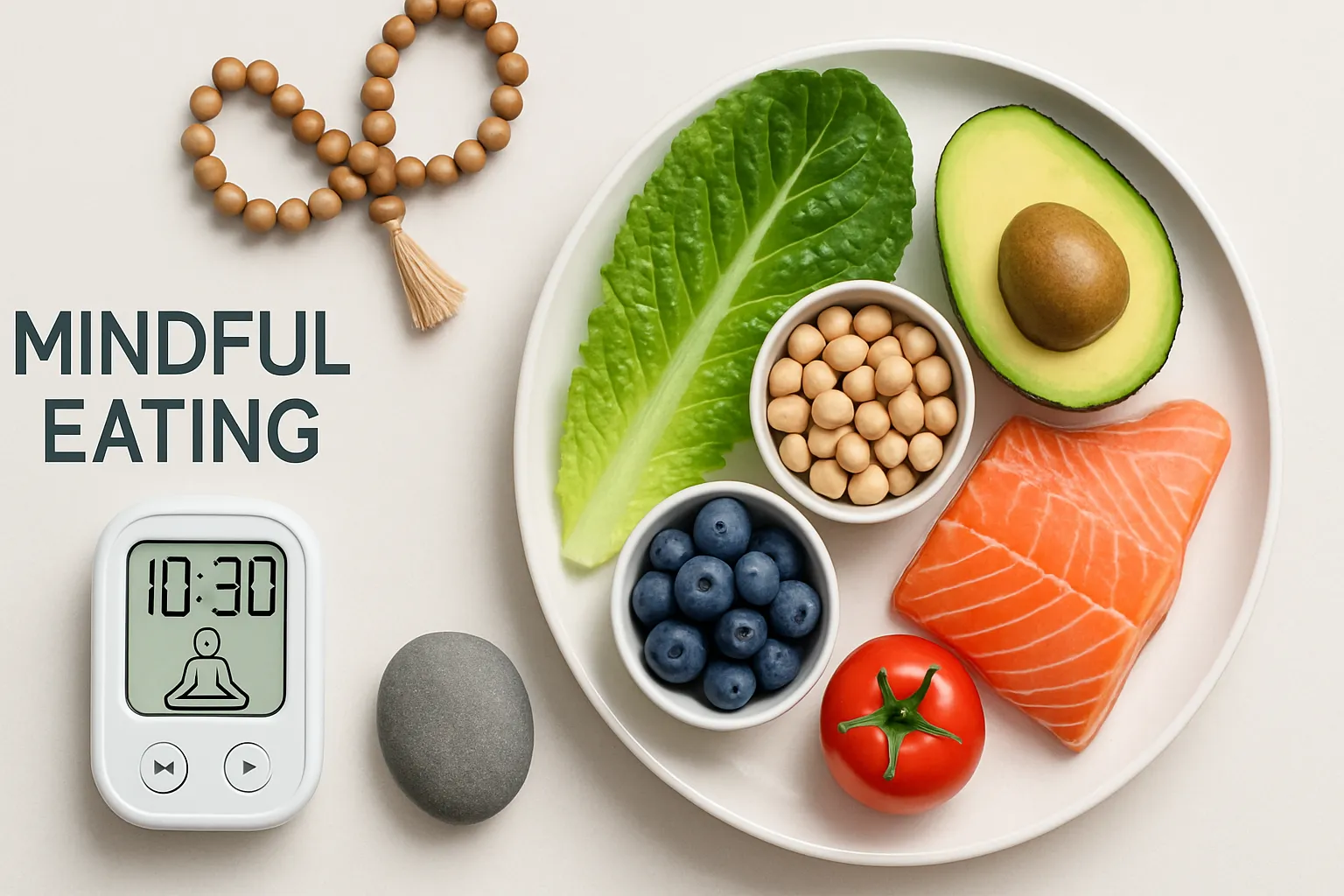 Elementos visuais representando a prática de mindful eating com timer de meditação e alimentos saudáveis