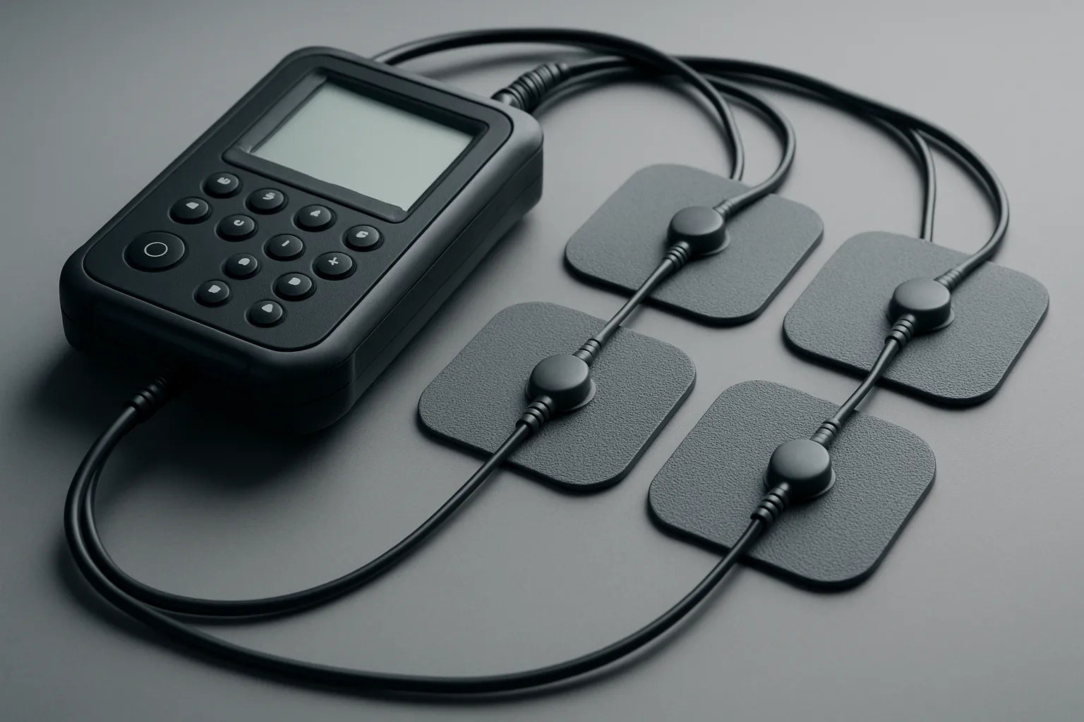 Equipamento EMS Profissional – Tecnologia de Eletroestimulação Equipamento de eletroestimulação muscular profissional com eletrodos e controles, mostrando a tecnologia avançada do EMS