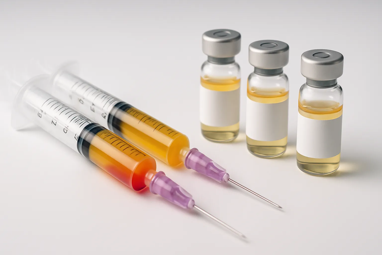 Equipamentos médicos especializados em terapias regenerativas incluindo seringas de PRP e vials de células-tronco para tratamento atlético