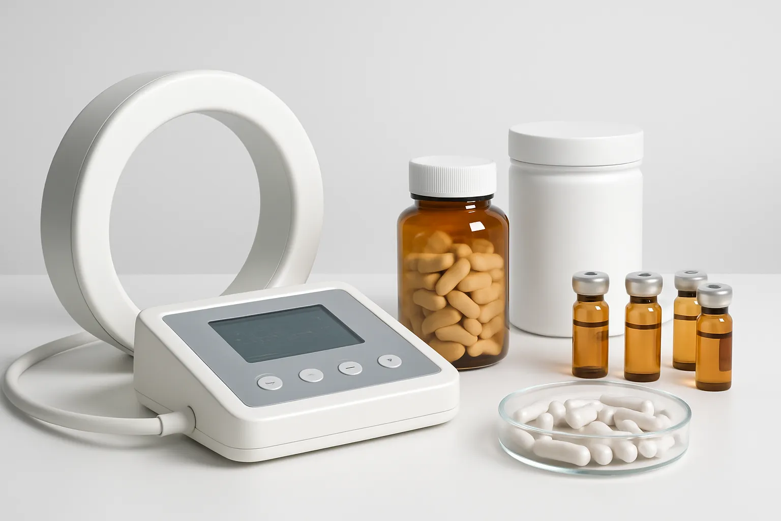 Equipamentos Médicos e Suplementos para Tratamento de Lipedema Arranjo científico com equipamentos de magnetoterapia, suplementos ortomoleculares e materiais médicos para protocolo lipedema