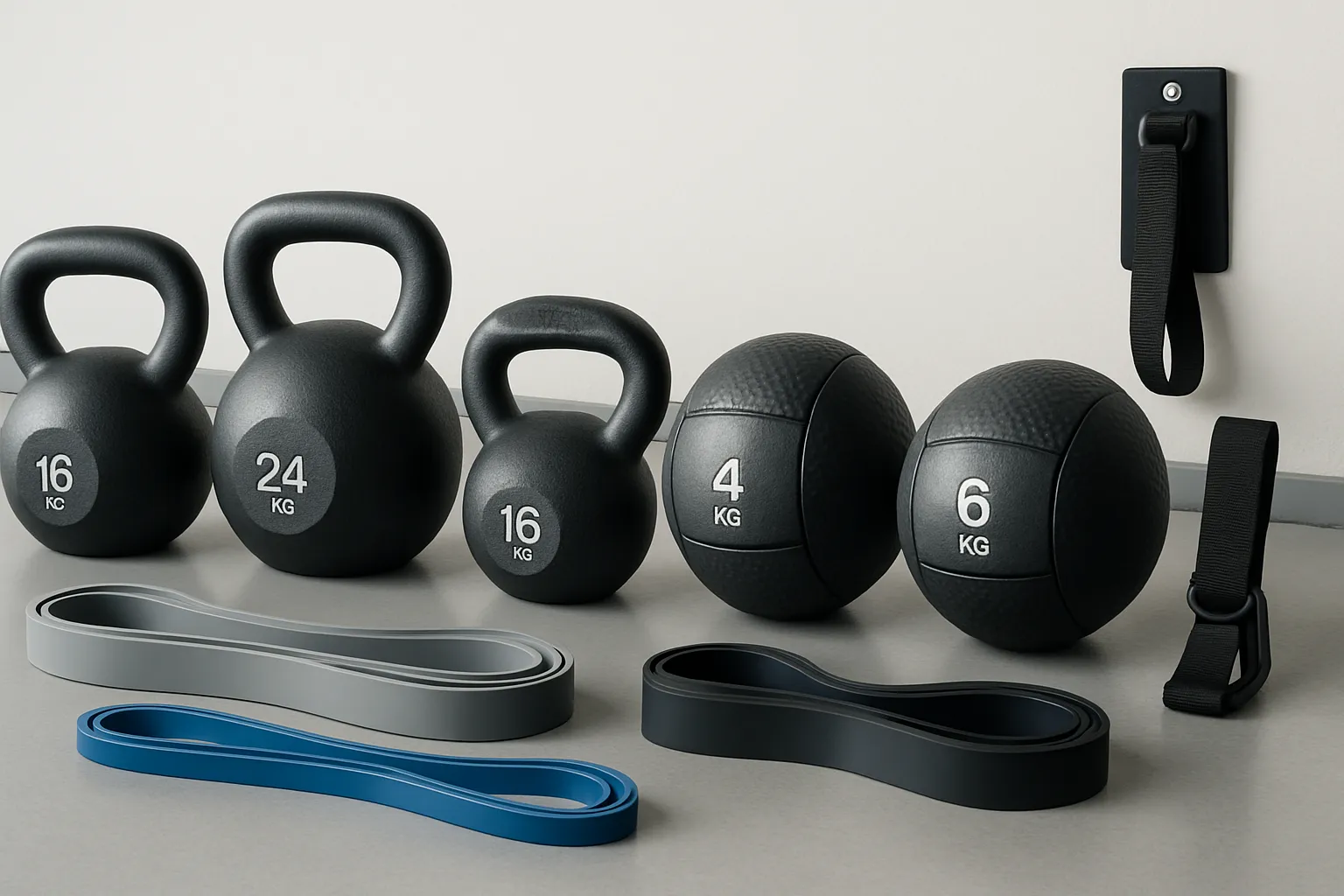 Equipamentos de Treinamento Funcional Equipamentos de treinamento funcional organizados profissionalmente, incluindo kettlebells, medicine balls e acessórios
