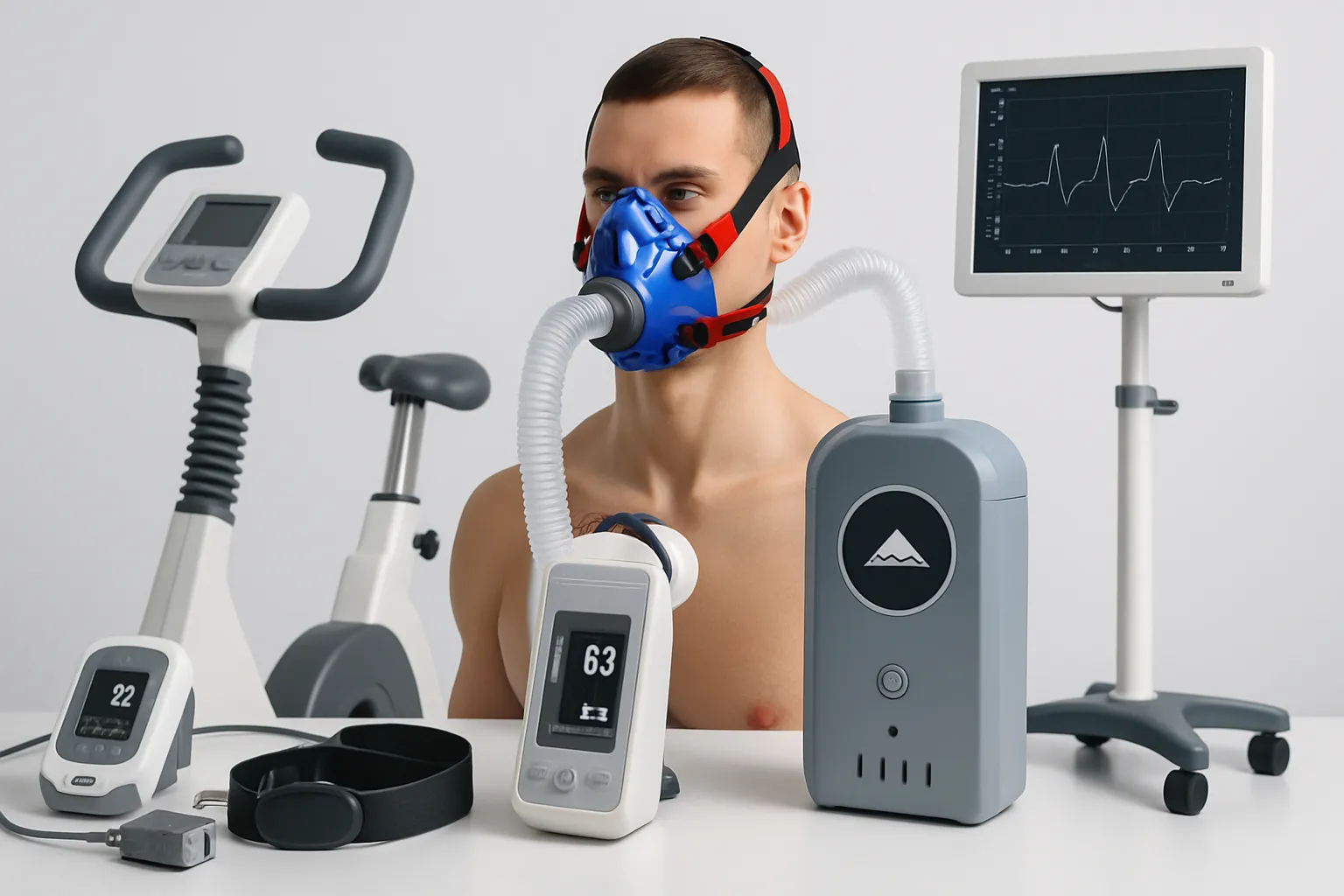 Equipamentos Científicos para Medição de VO2 Máximo e Performance Equipamentos médicos e científicos para medição de VO2 máximo, oxímetros e dispositivos de monitoramento cardiovascular em treino de altitude