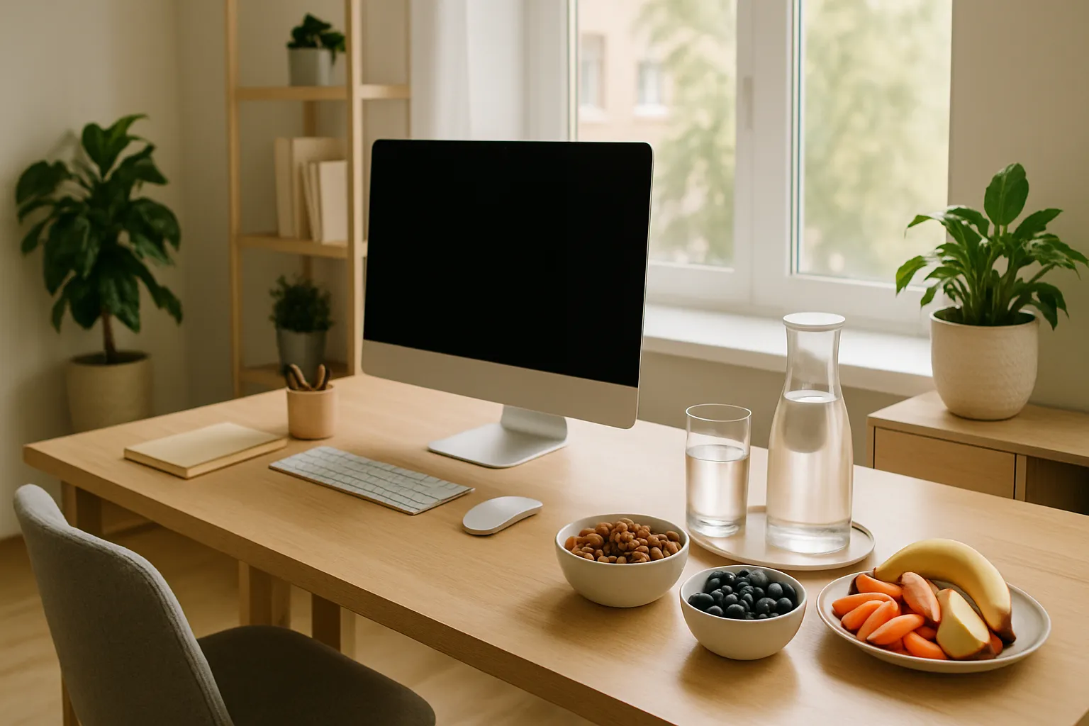 Ambiente de Estudo e Trabalho Otimizado para Máxima Concentração Escritório doméstico organizado com lanches saudáveis para o cérebro e estação de hidratação, ambiente otimizado para concentração e produtividade mental