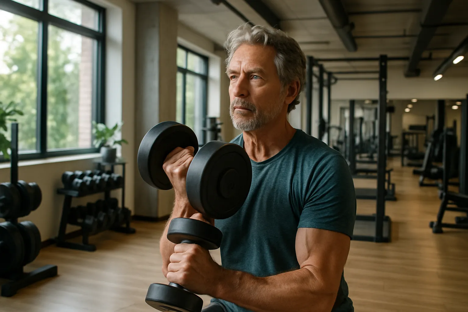 Vida Ativa e Energia Renovada Homem maduro praticando exercícios em academia moderna, demonstrando vitalidade e energia renovada através de estilo de vida saudável