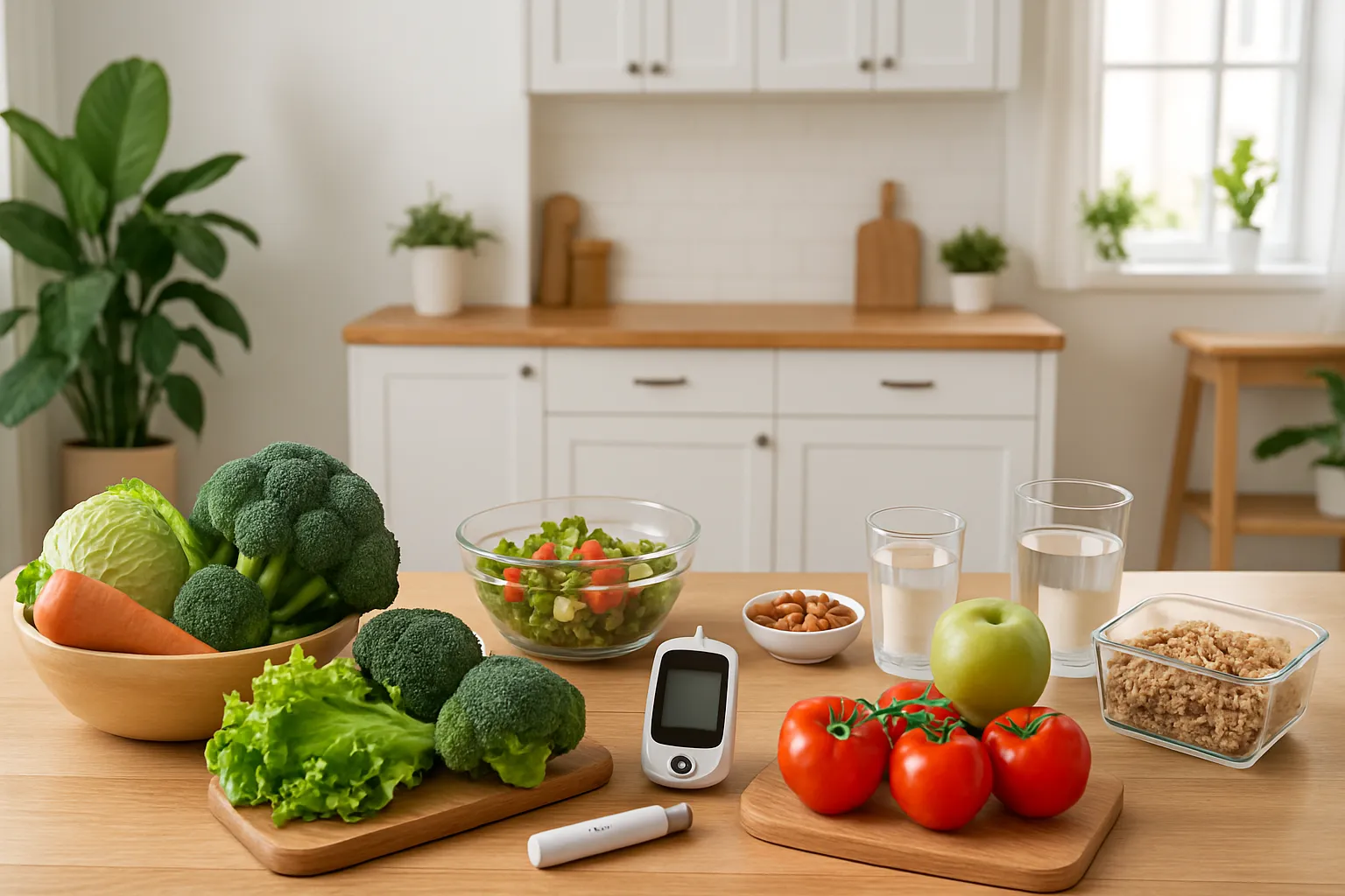 Cozinha moderna com alimentos ricos em cromo e nutrientes para controle natural da glicemia e vida saudável