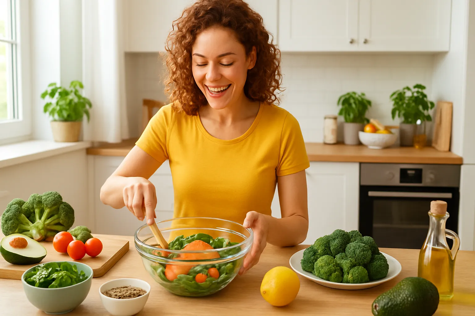 Mulher energética preparando refeição saudável rica em iodo em cozinha moderna