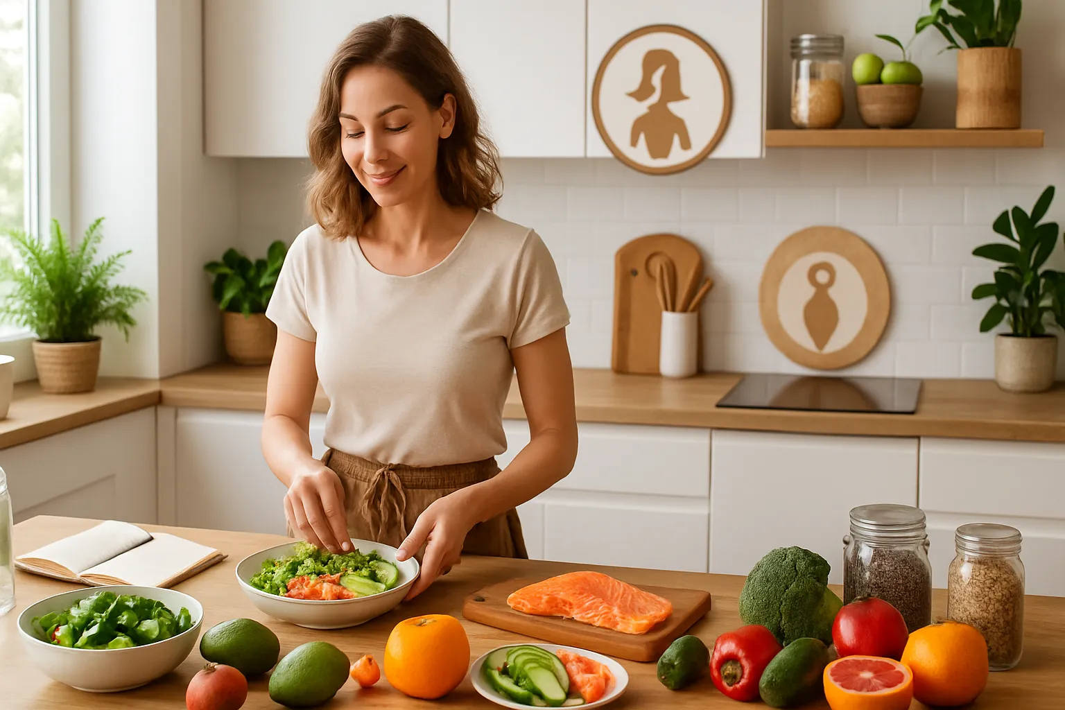 Estilo de Vida Equilibrado para Controle Hormonal Ambiente de cozinha saudável com alimentos que promovem o equilíbrio dos hormônios da saciedade