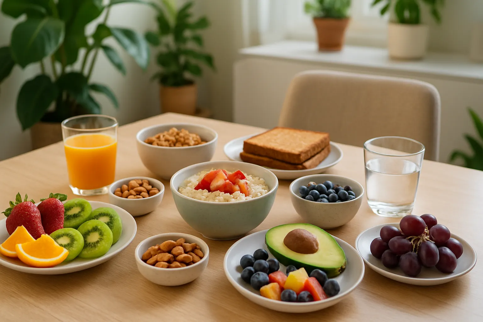 Mesa de café da manhã organizada com alimentos nutritivos, frutas coloridas e ambiente que inspira escolhas alimentares saudáveis