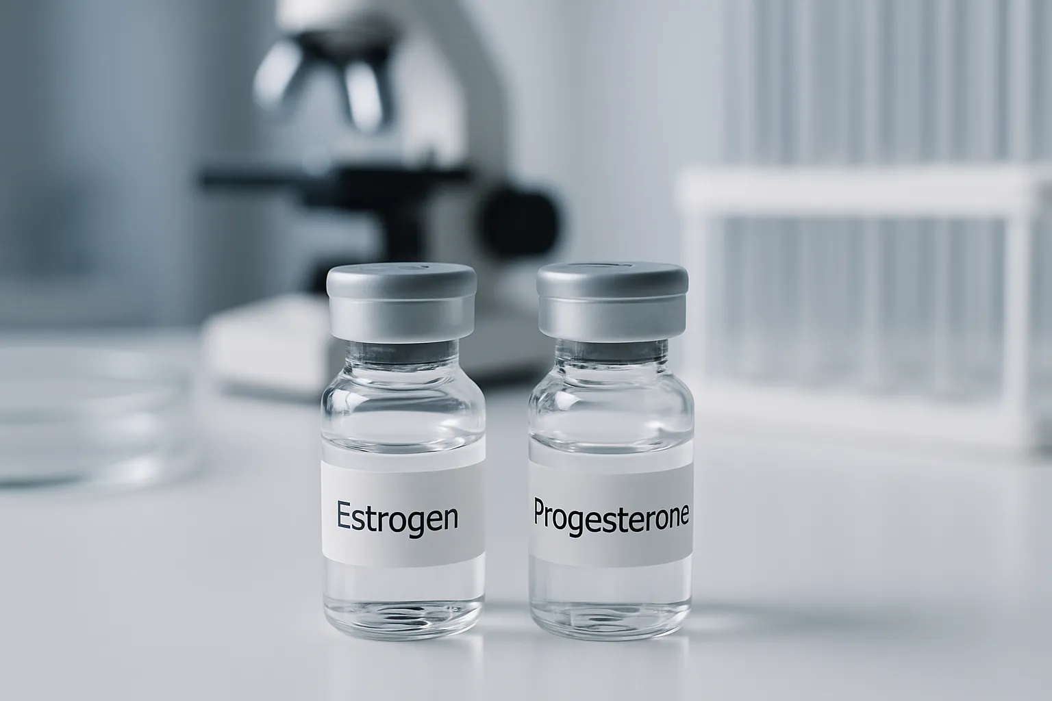 Representação científica de hormônios femininos estrogênio e progesterona em laboratório médico especializado