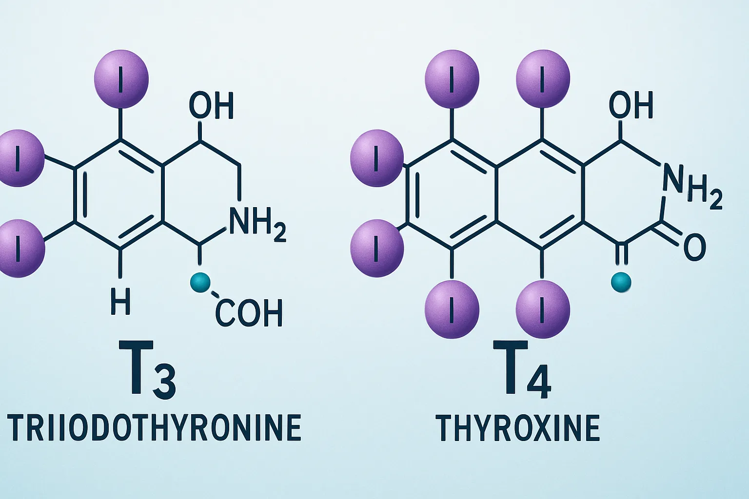 Hormônios T3 e T4 – Estrutura Molecular Representação científica das estruturas moleculares dos hormônios T3 e T4 da tireoide com seus átomos de iodo