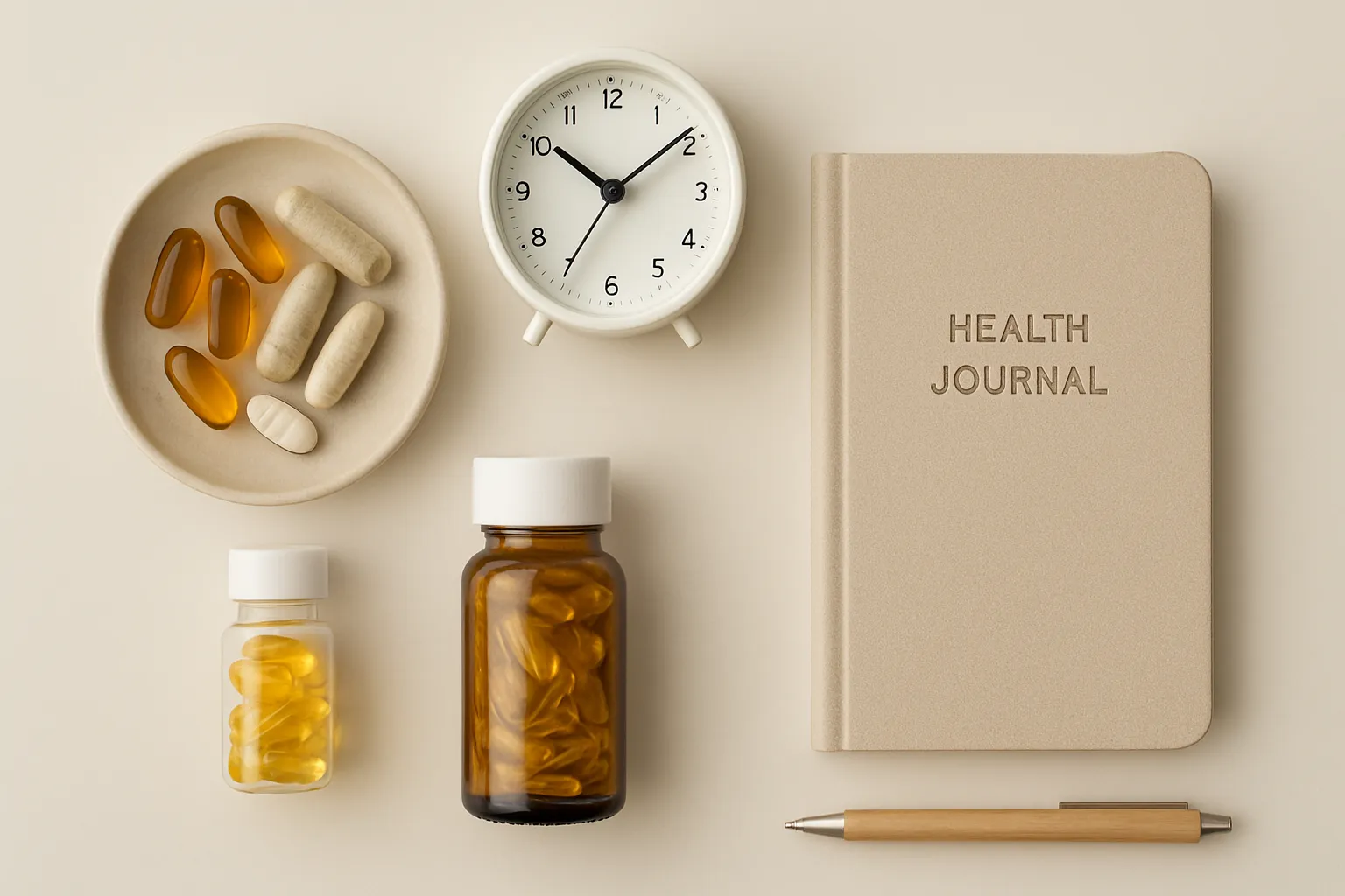 Ferramentas Essenciais para Crononutrição Relógio, suplementos e diário alimentar organizados sobre mesa, representando o controle de horários na alimentação