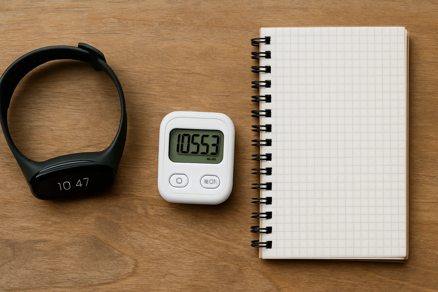 Monitor de fitness e pedômetro sobre mesa de madeira com caderno, ferramentas para acompanhar atividade NEAT