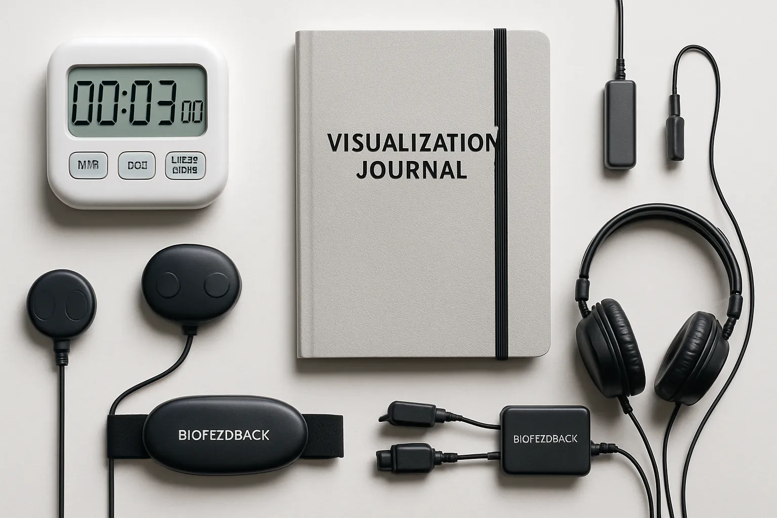 Ferramentas de Psicologia Esportiva Equipamentos e materiais de treinamento mental incluindo cronômetro, caderno de visualização e dispositivos de biofeedback