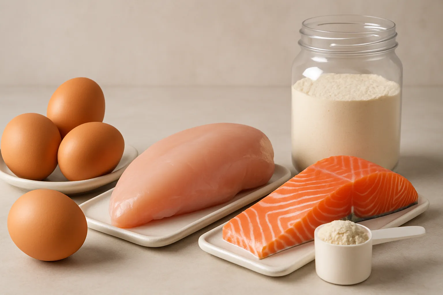 Fontes de Proteína para Emagrecimento Coleção de alimentos ricos em proteína incluindo ovos, frango, salmão e suplementos para emagrecimento