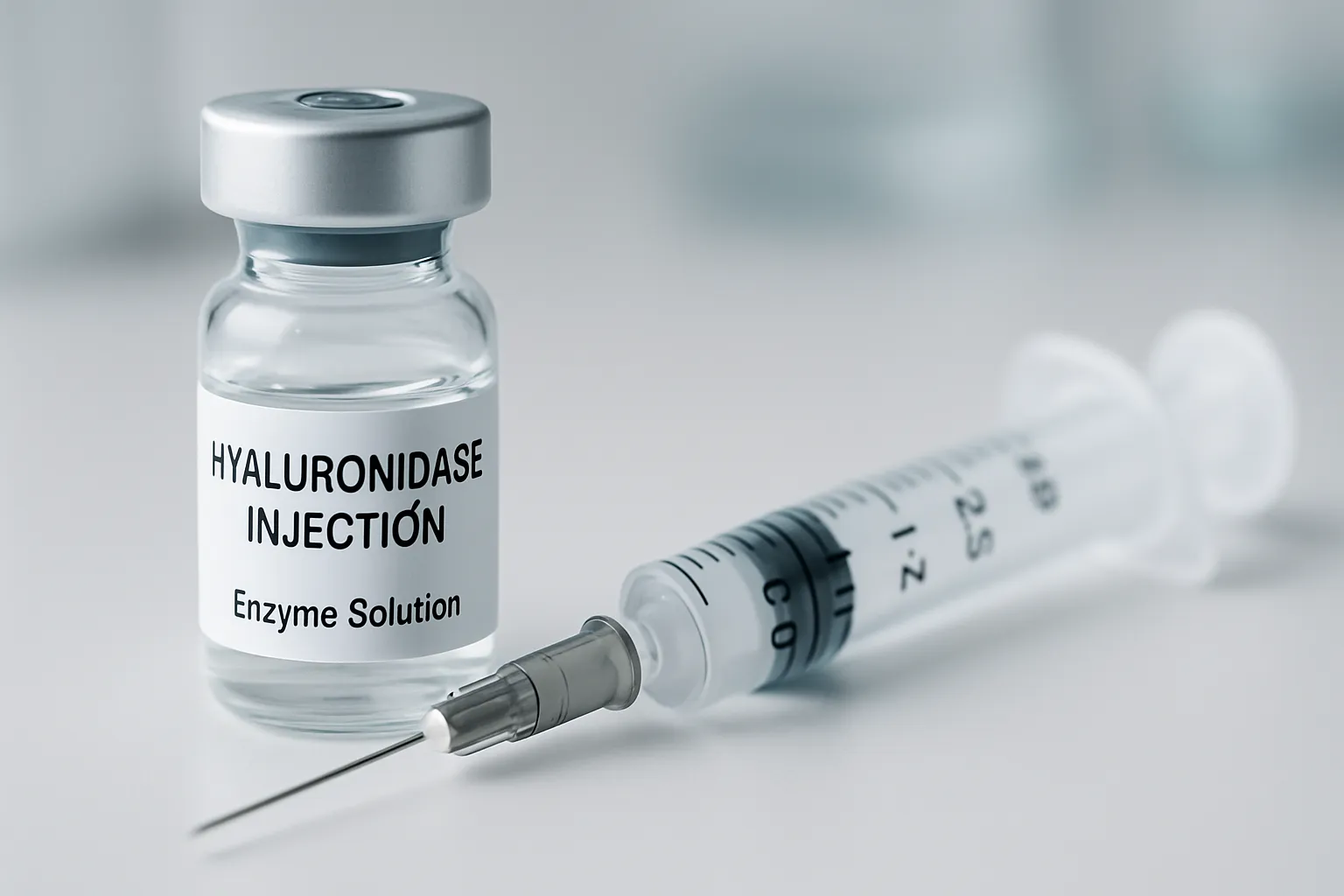 Hialuronidase: A Enzima da Reversão Estética Frasco de hialuronidase com seringa para aplicação em procedimentos de reversão de preenchimento