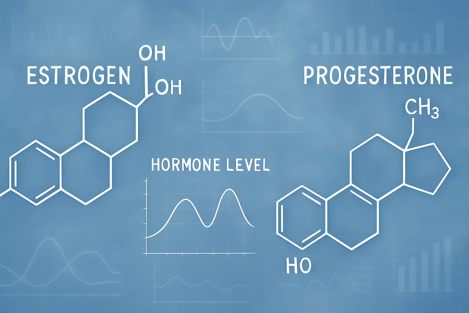 Hormônios Femininos: A Ciência Por Trás do Ciclo Visualização científica dos hormônios femininos e estruturas moleculares do ciclo menstrual
