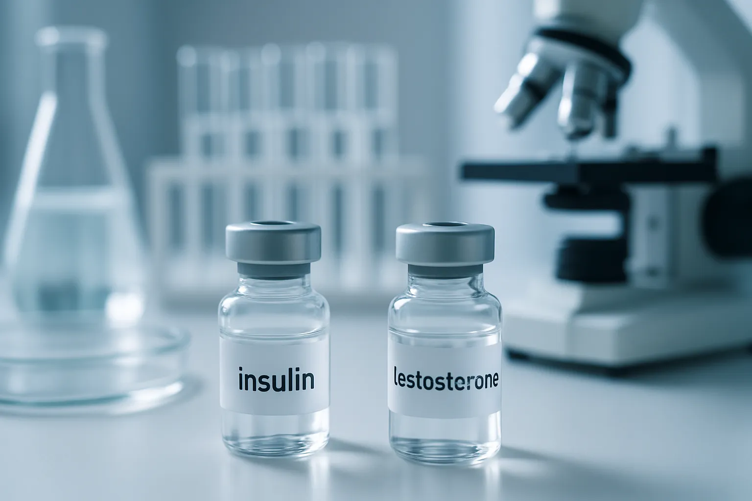 Frascos científicos de hormônios insulina e testosterona em apresentação clínica profissional para tratamento médico especializado