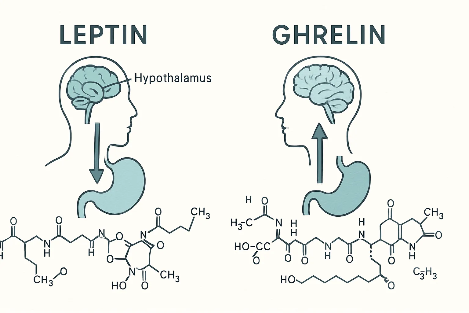 Representação Científica dos Hormônios Leptina e Grelina Ilustração científica dos hormônios leptina e grelina e seus mecanismos de ação no organismo
