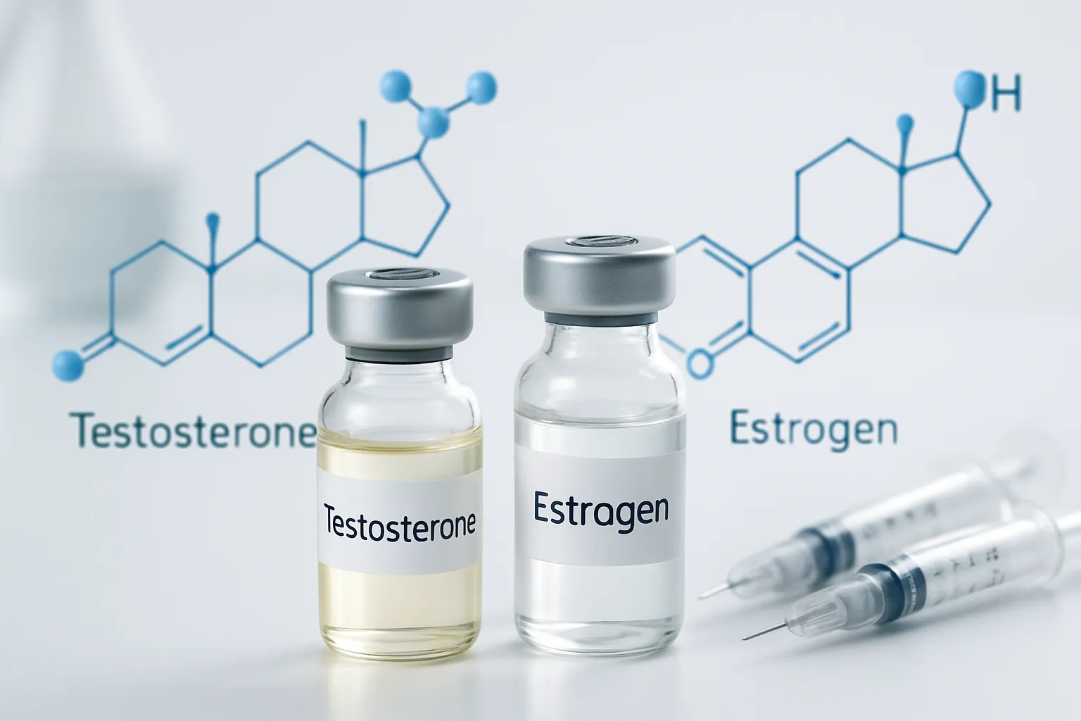 Frascos de hormônios testosterona e estrogênio com estruturas moleculares, representando a ciência por trás da terapia hormonal