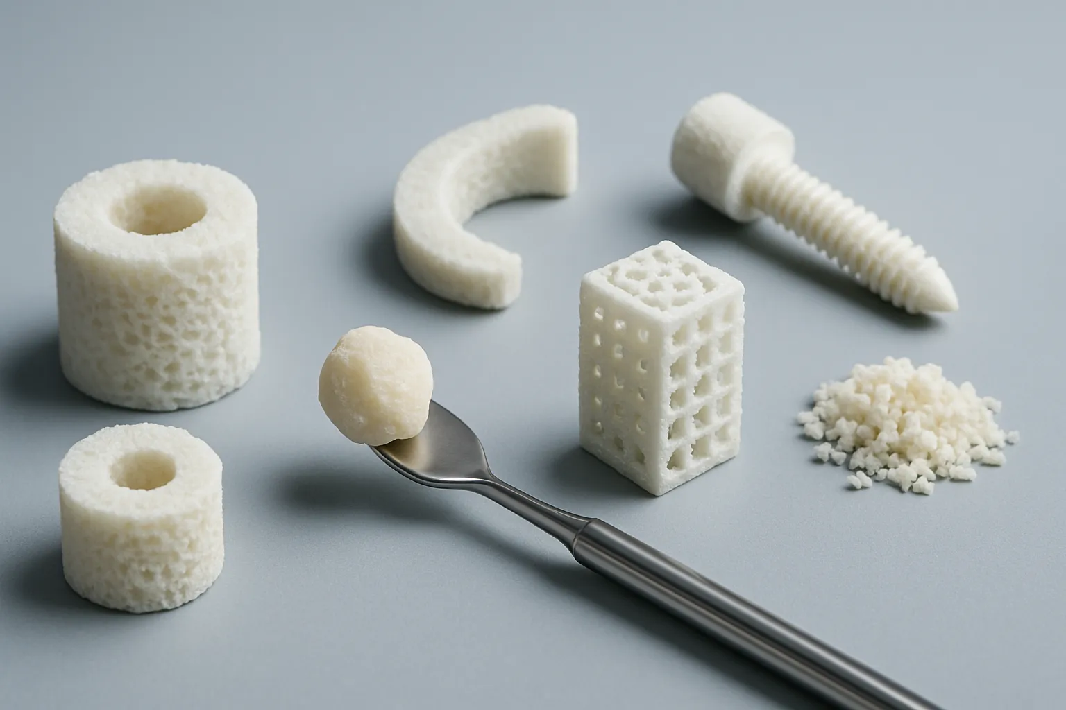 Implantes ósseos bioativos e scaffolds 3D personalizados em apresentação científica, mostrando tecnologia de regeneração óssea