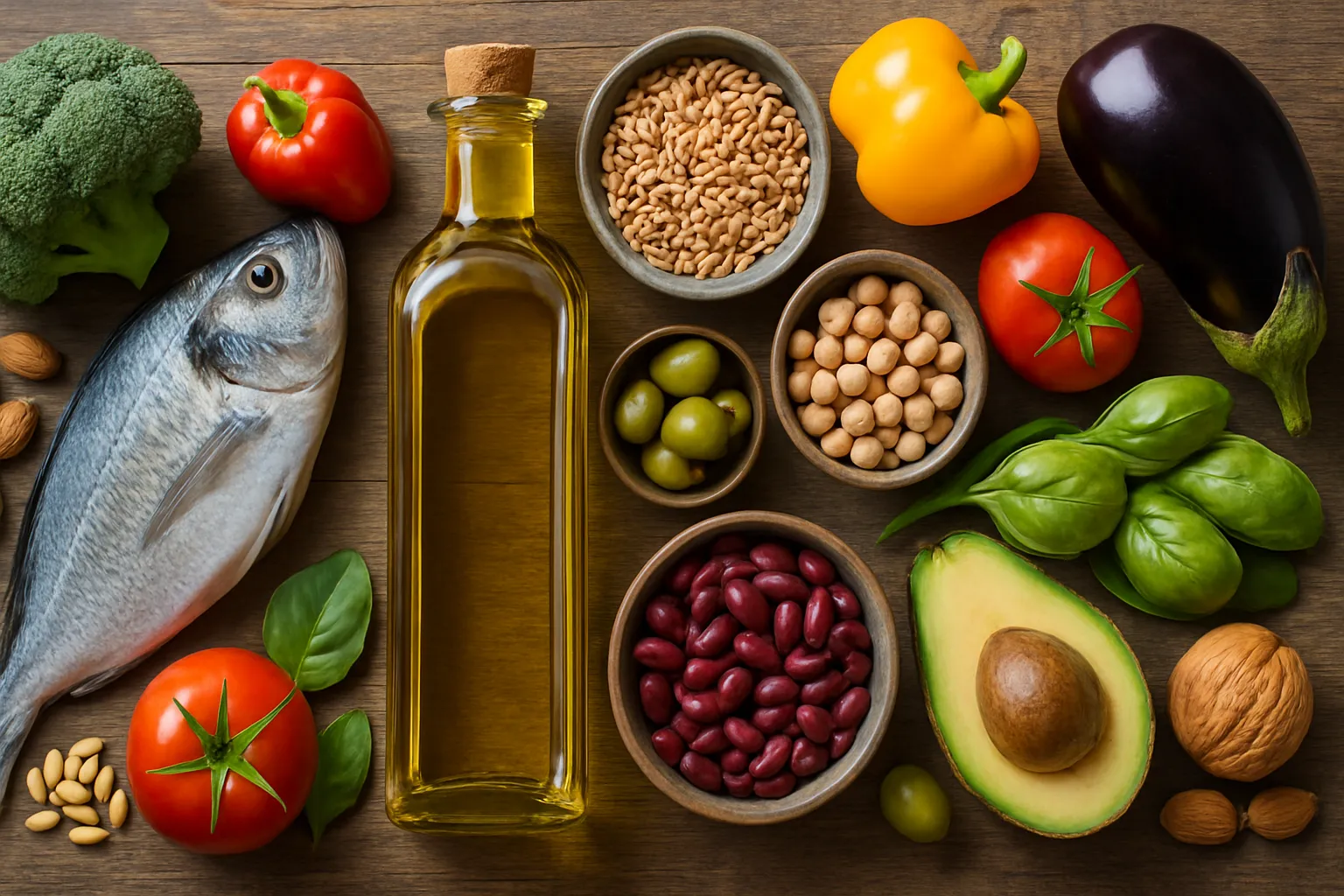 Ingredientes Essenciais da Dieta Mediterrânea Composição organizada dos principais ingredientes da dieta mediterrânea incluindo azeite extra virgem, peixes, vegetais frescos, grãos integrais e oleaginosas
