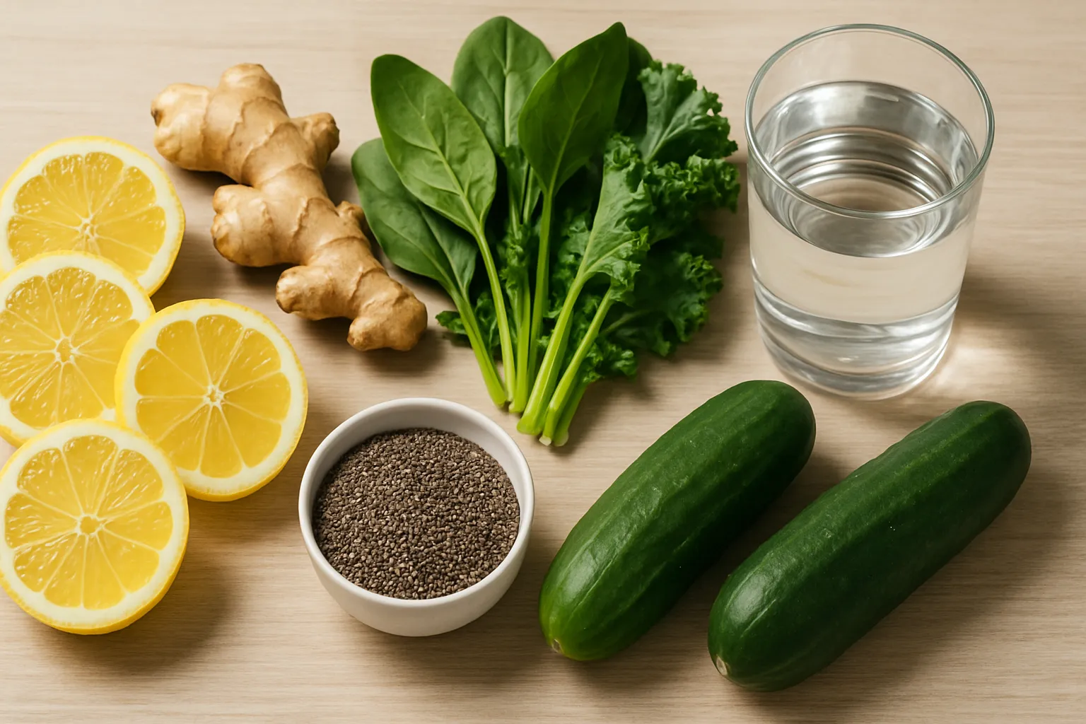 Ingredientes Frescos para Cardápio Detox de 3 Dias Ingredientes detox organizados: limão, gengibre, folhas verdes, sementes de chia e água em apresentação clean