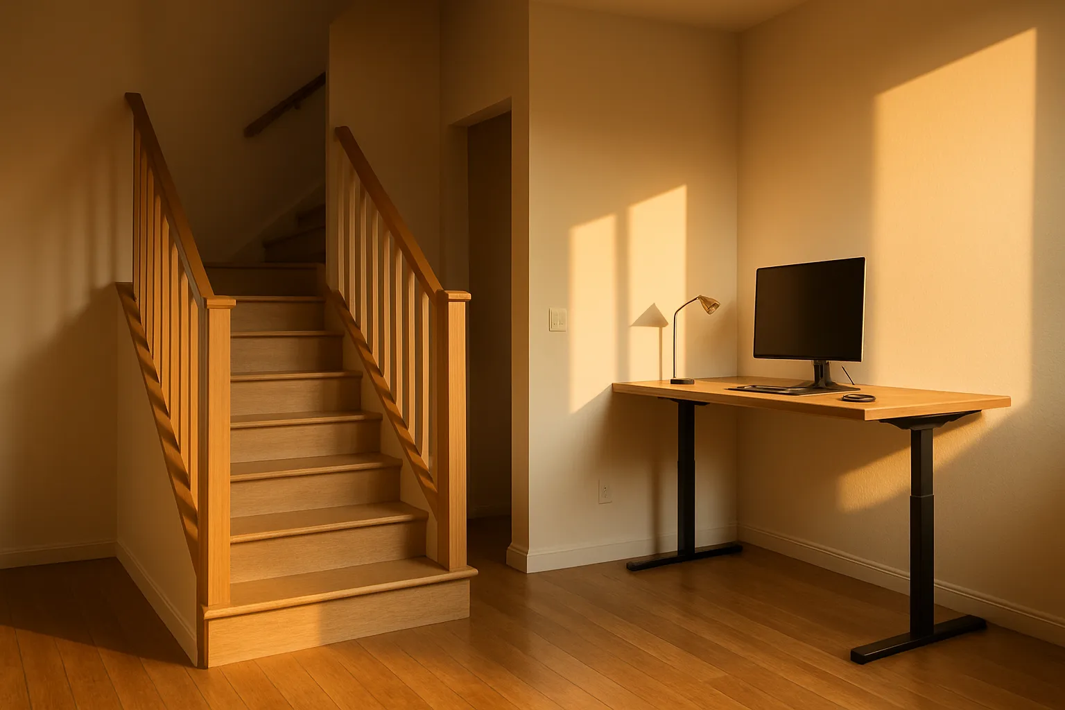 Interior de casa mostrando escadas e área de mesa para trabalhar em pé, ambiente ideal para atividade NEAT