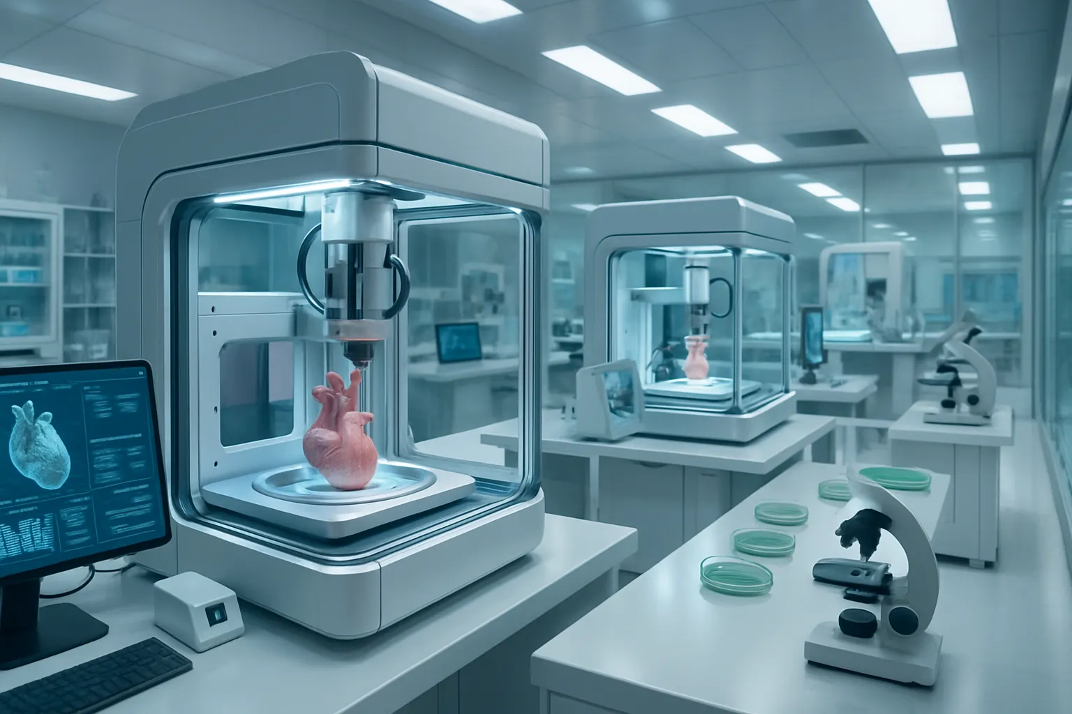 Ambiente futurista de laboratório especializado em medicina regenerativa com equipamentos avançados de bioimpressão